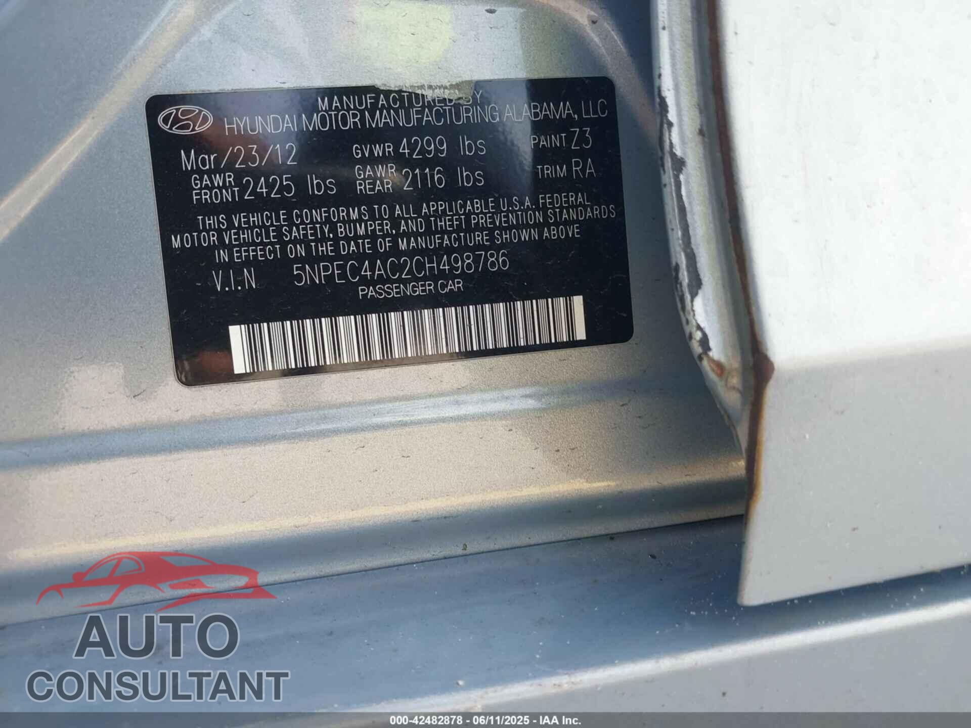HYUNDAI SONATA 2012 - 5NPEC4AC2CH498786