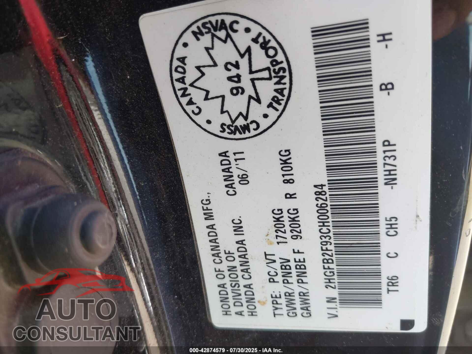 HONDA CIVIC 2012 - 2HGFB2F93CH006284