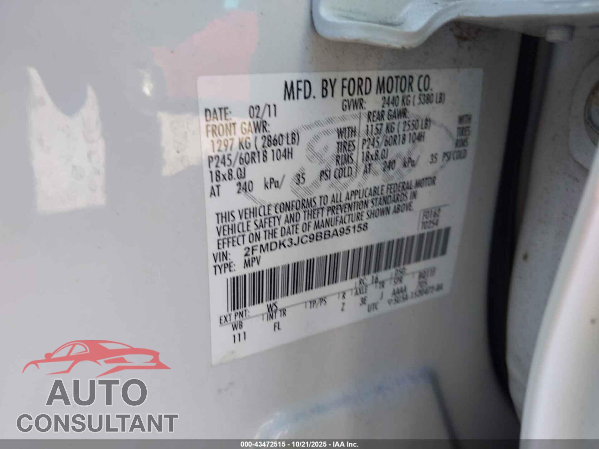FORD EDGE 2011 - 2FMDK3JC9BBA95158