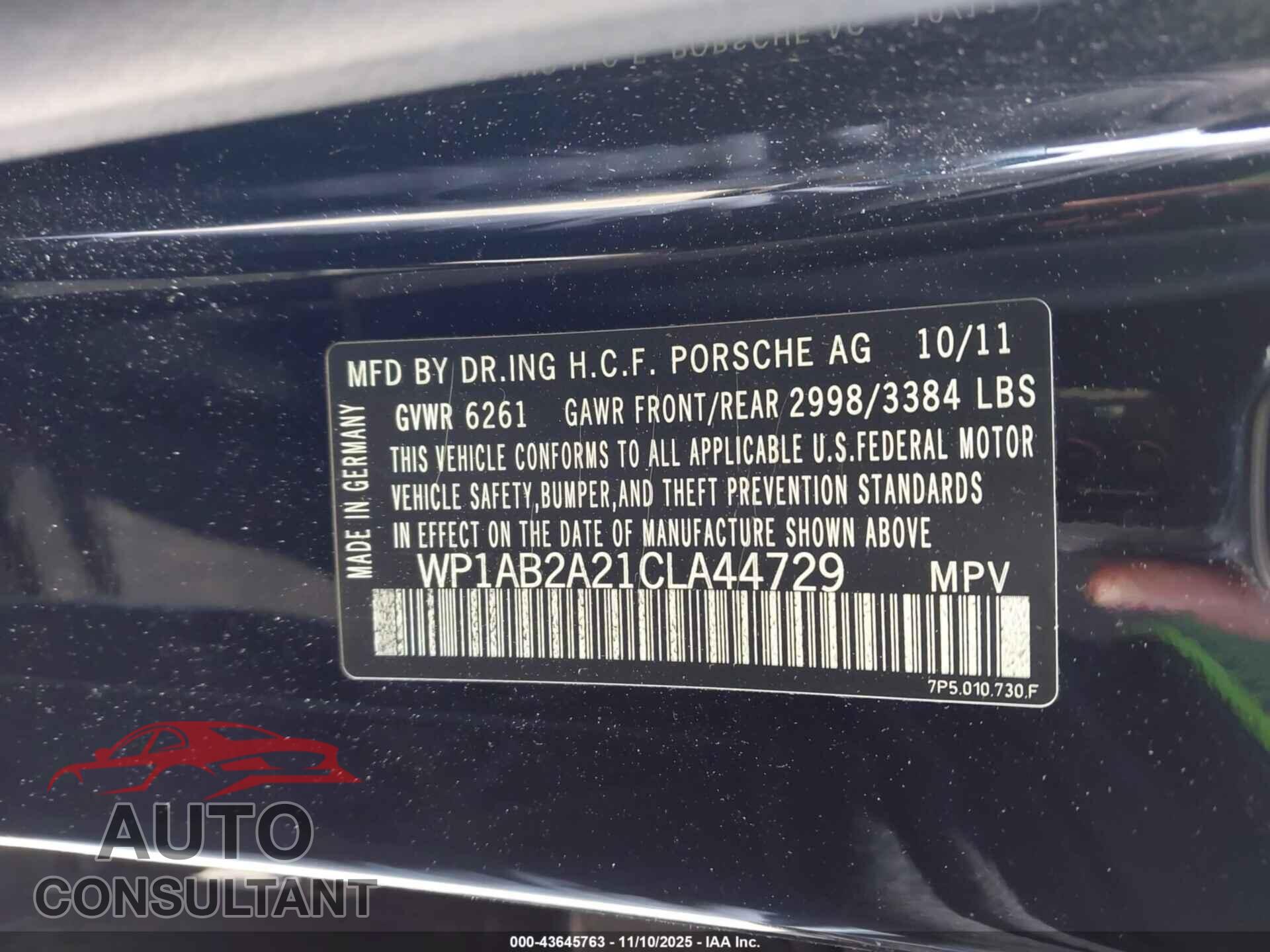 PORSCHE CAYENNE 2012 - WP1AB2A21CLA44729
