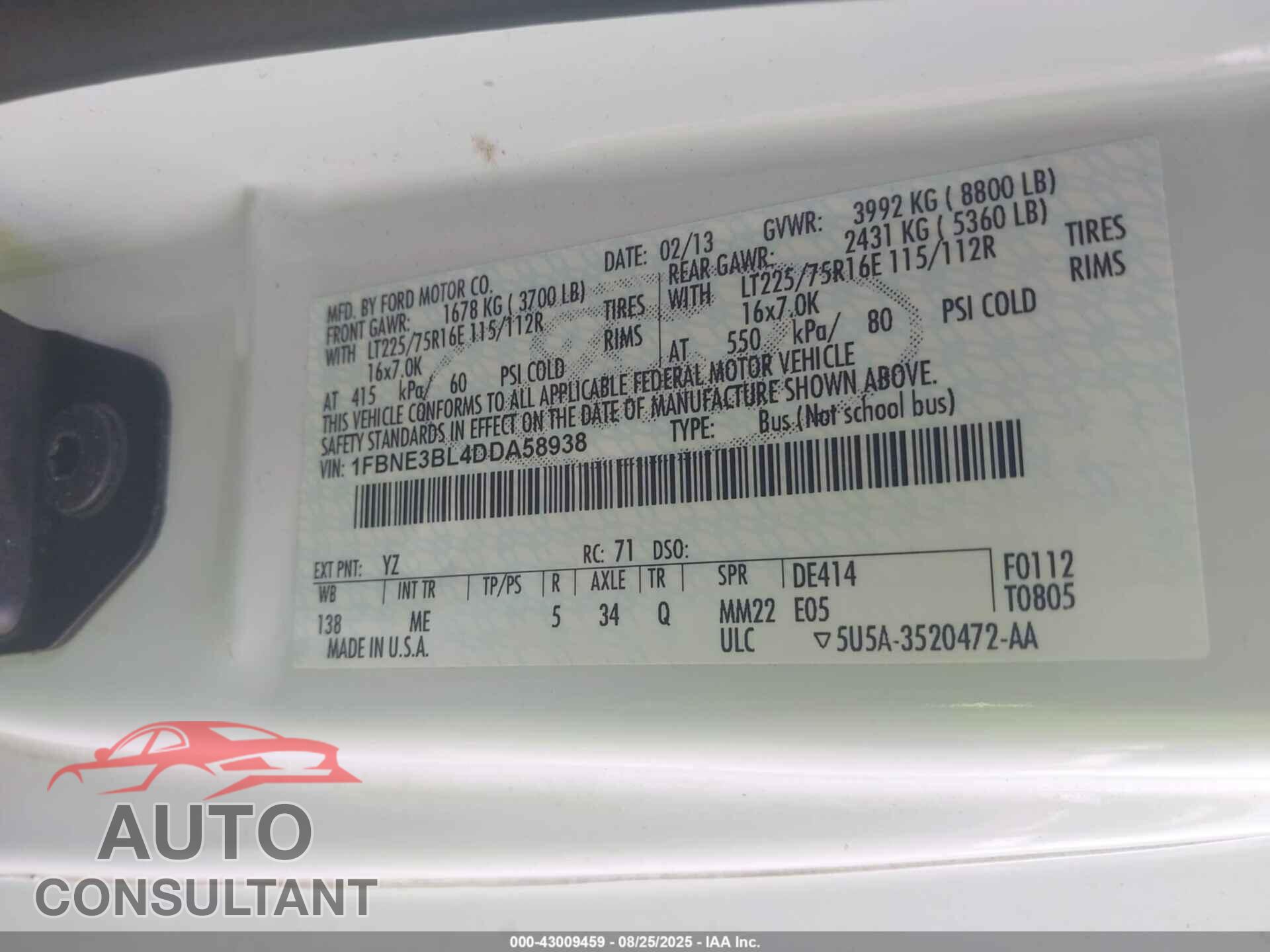 FORD E-350 SUPER DUTY 2013 - 1FBNE3BL4DDA58938