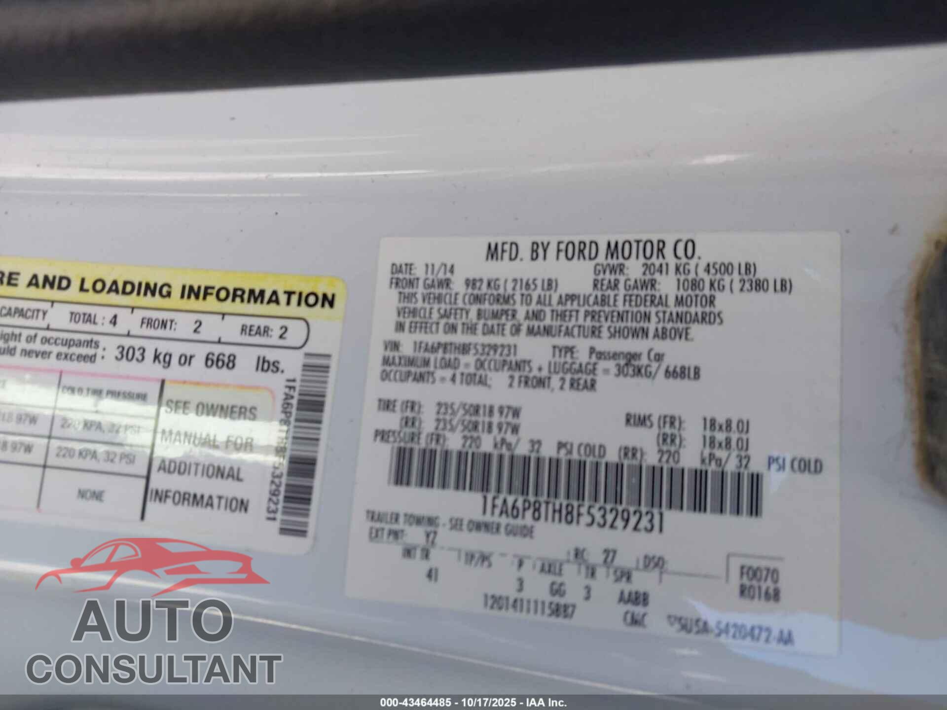 FORD MUSTANG 2015 - 1FA6P8TH8F5329231