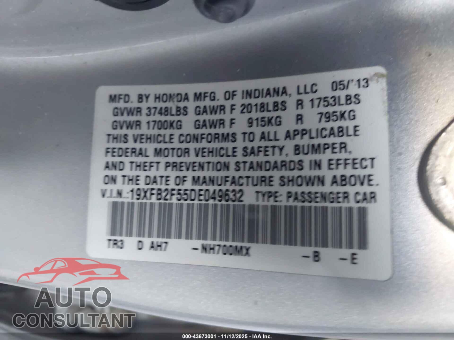 HONDA CIVIC 2013 - 19XFB2F55DE049632