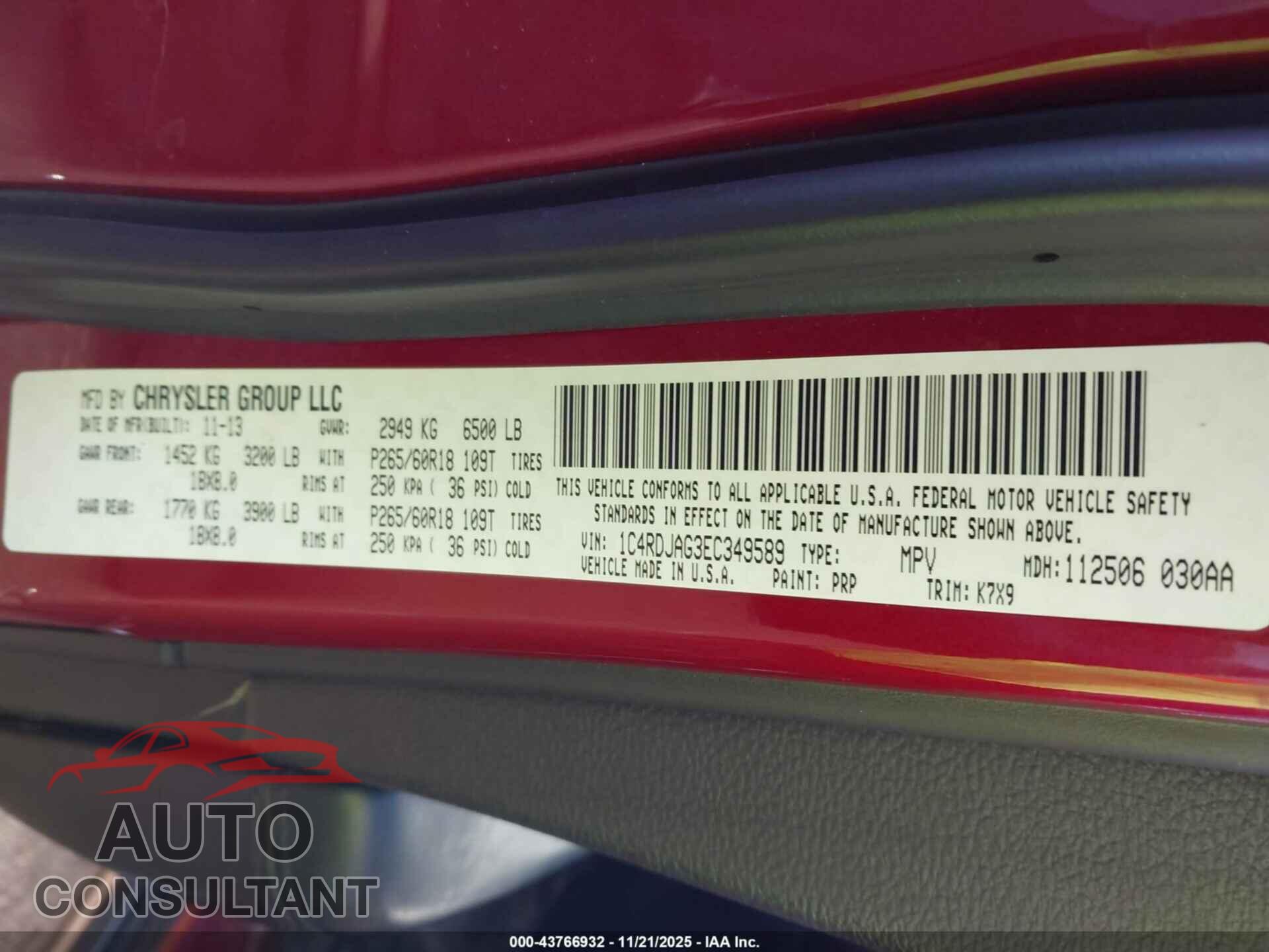 DODGE DURANGO 2014 - 1C4RDJAG3EC349589