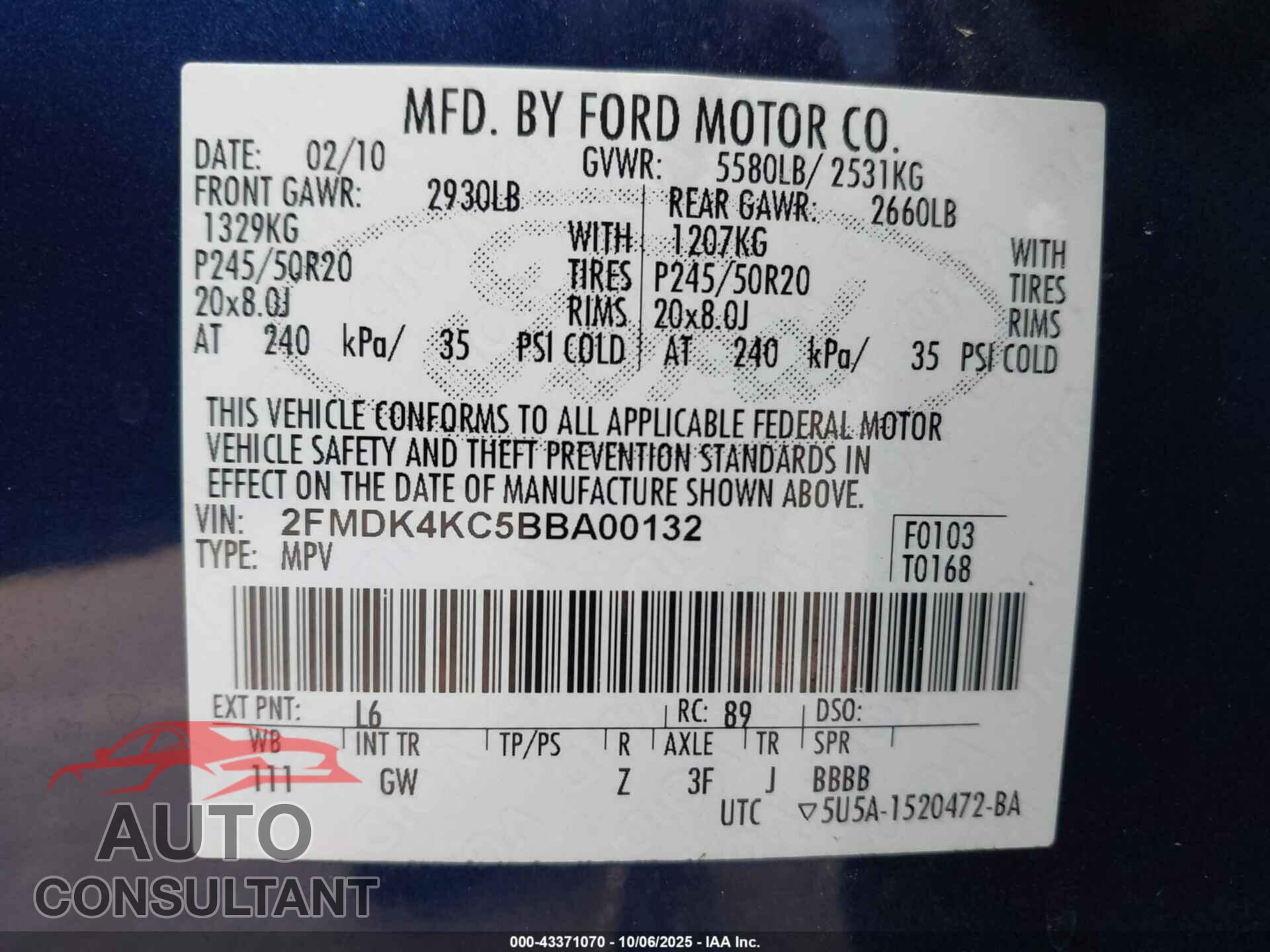 FORD EDGE 2011 - 2FMDK4KC5BBA00132