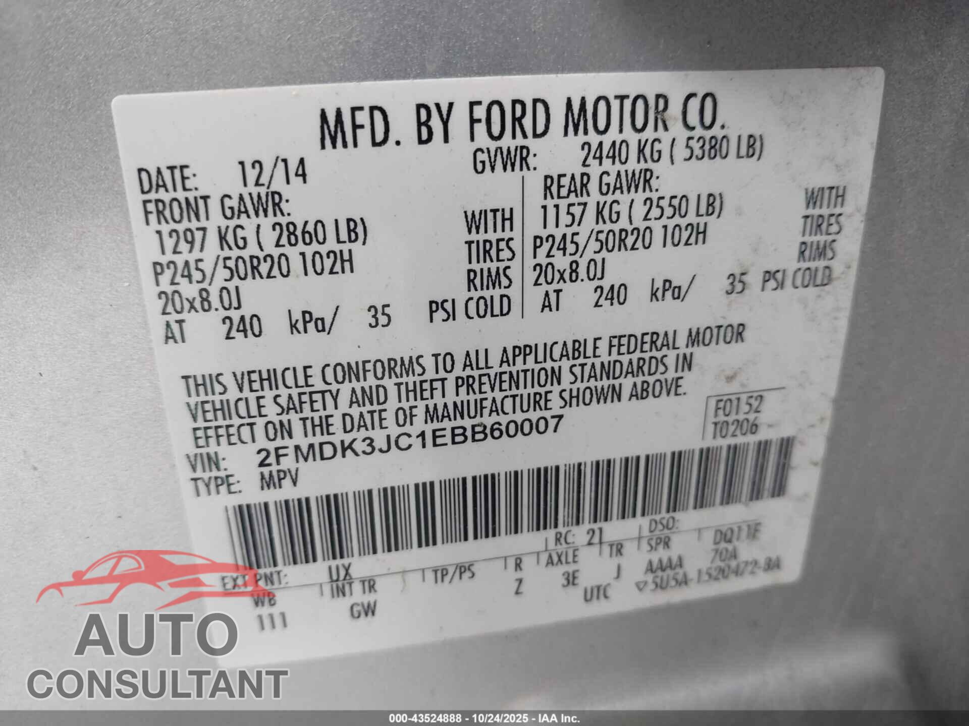 FORD EDGE 2014 - 2FMDK3JC1EBB60007