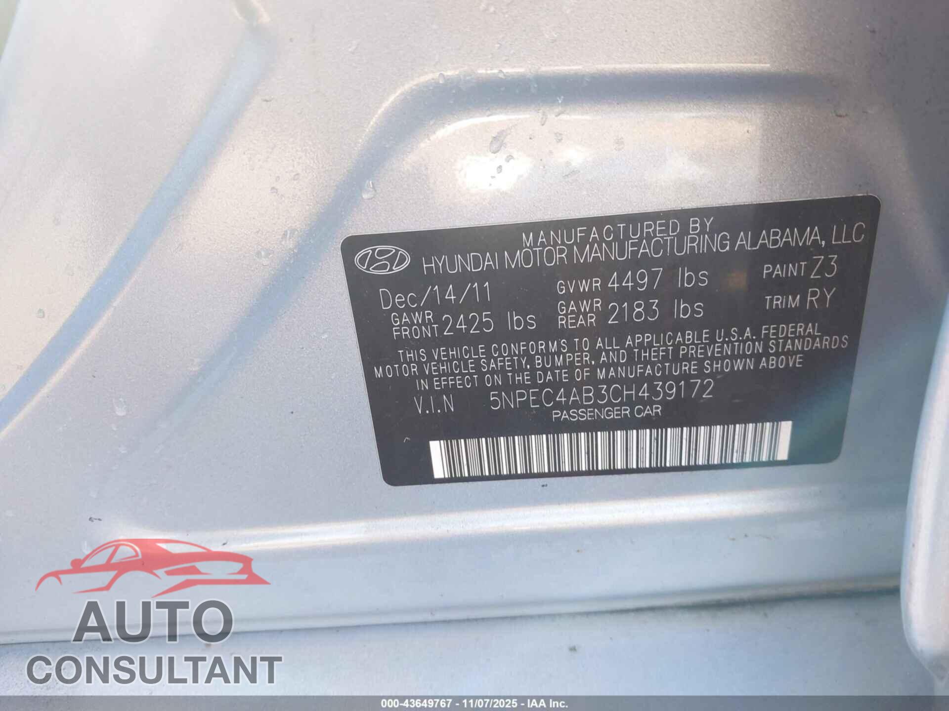 HYUNDAI SONATA 2012 - 5NPEC4AB3CH439172
