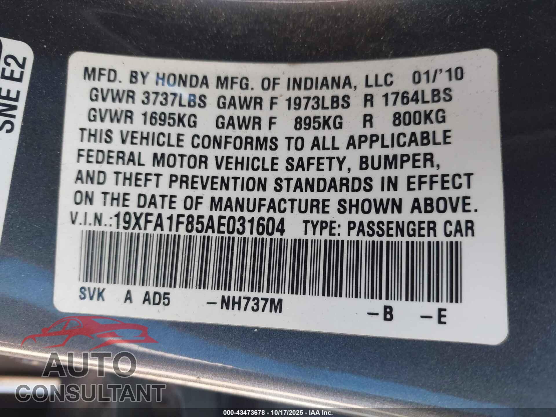 HONDA CIVIC 2010 - 19XFA1F85AE031604