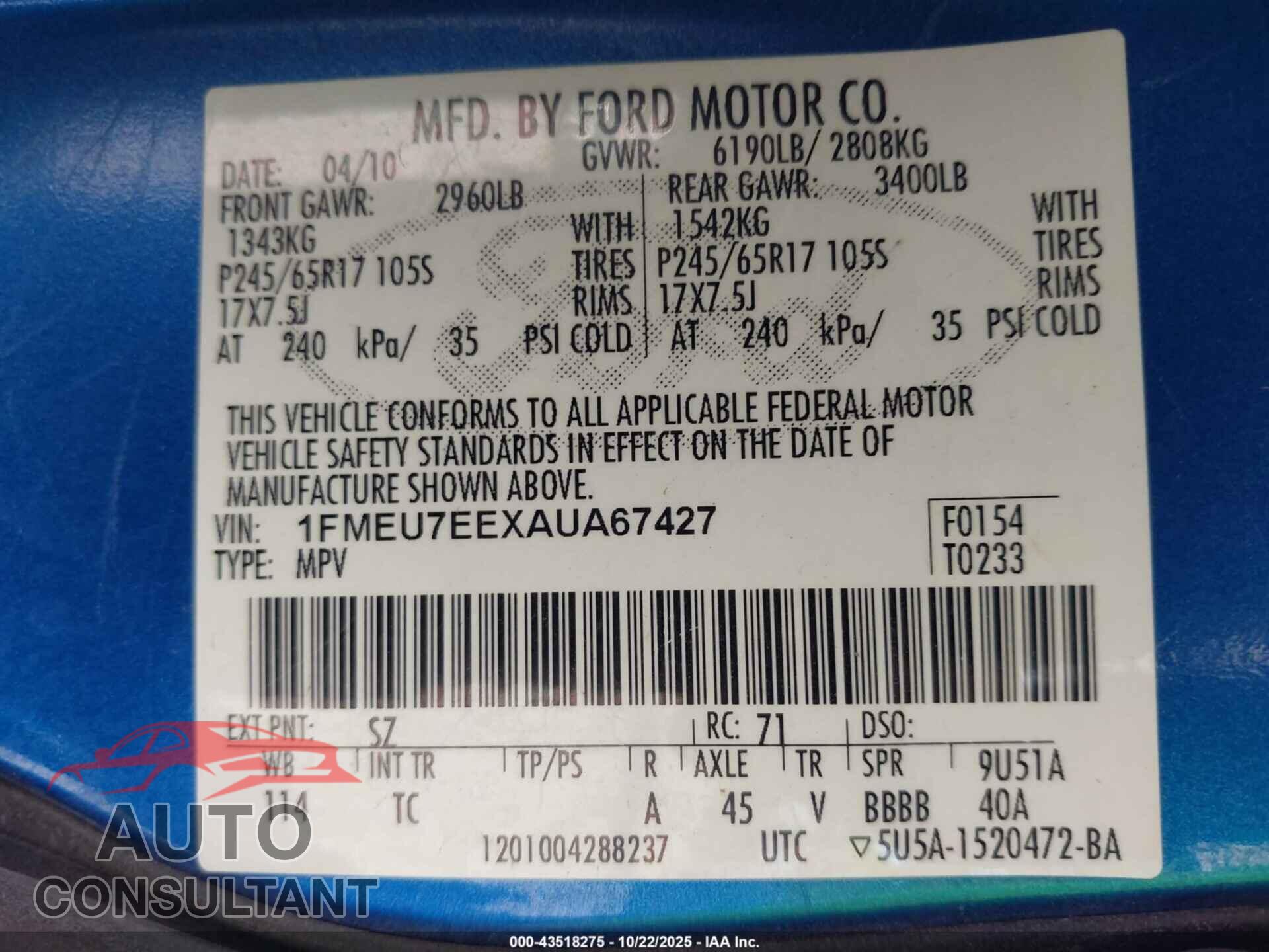 FORD EXPLORER 2010 - 1FMEU7EEXAUA67427