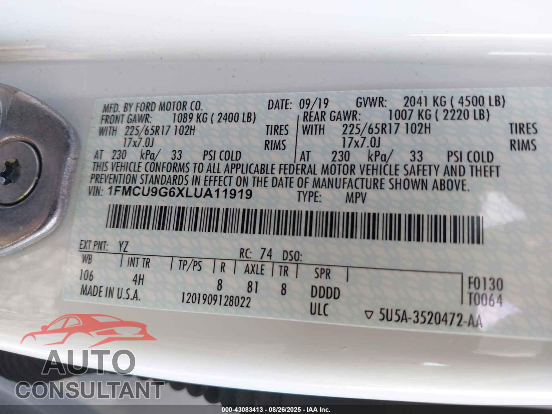 FORD ESCAPE 2020 - 1FMCU9G6XLUA11919