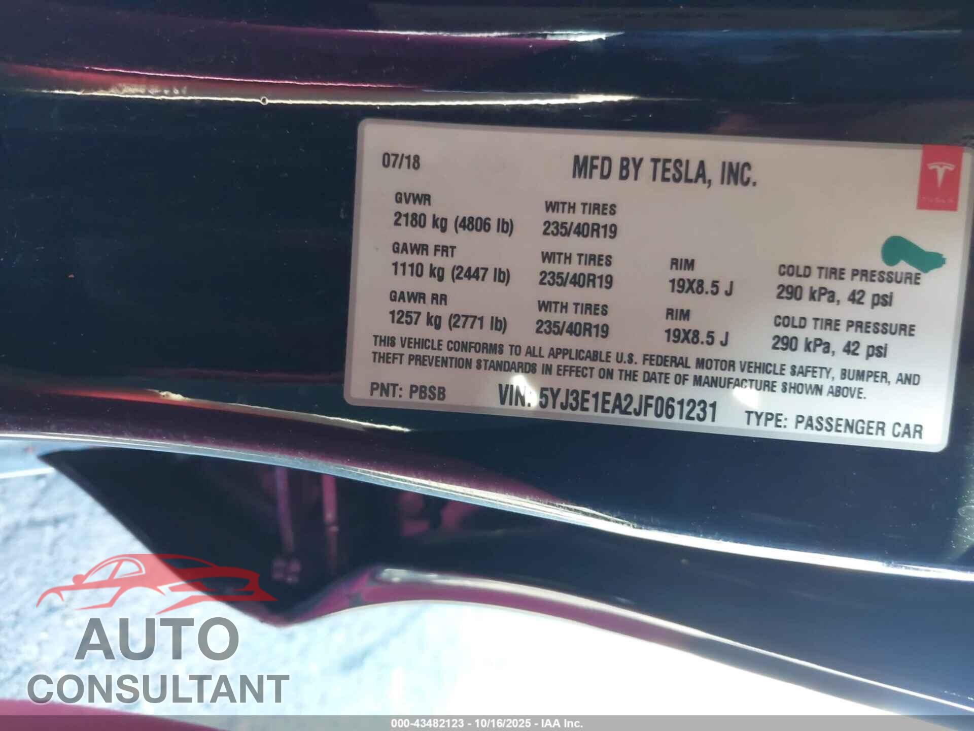 TESLA MODEL 3 2018 - 5YJ3E1EA2JF061231
