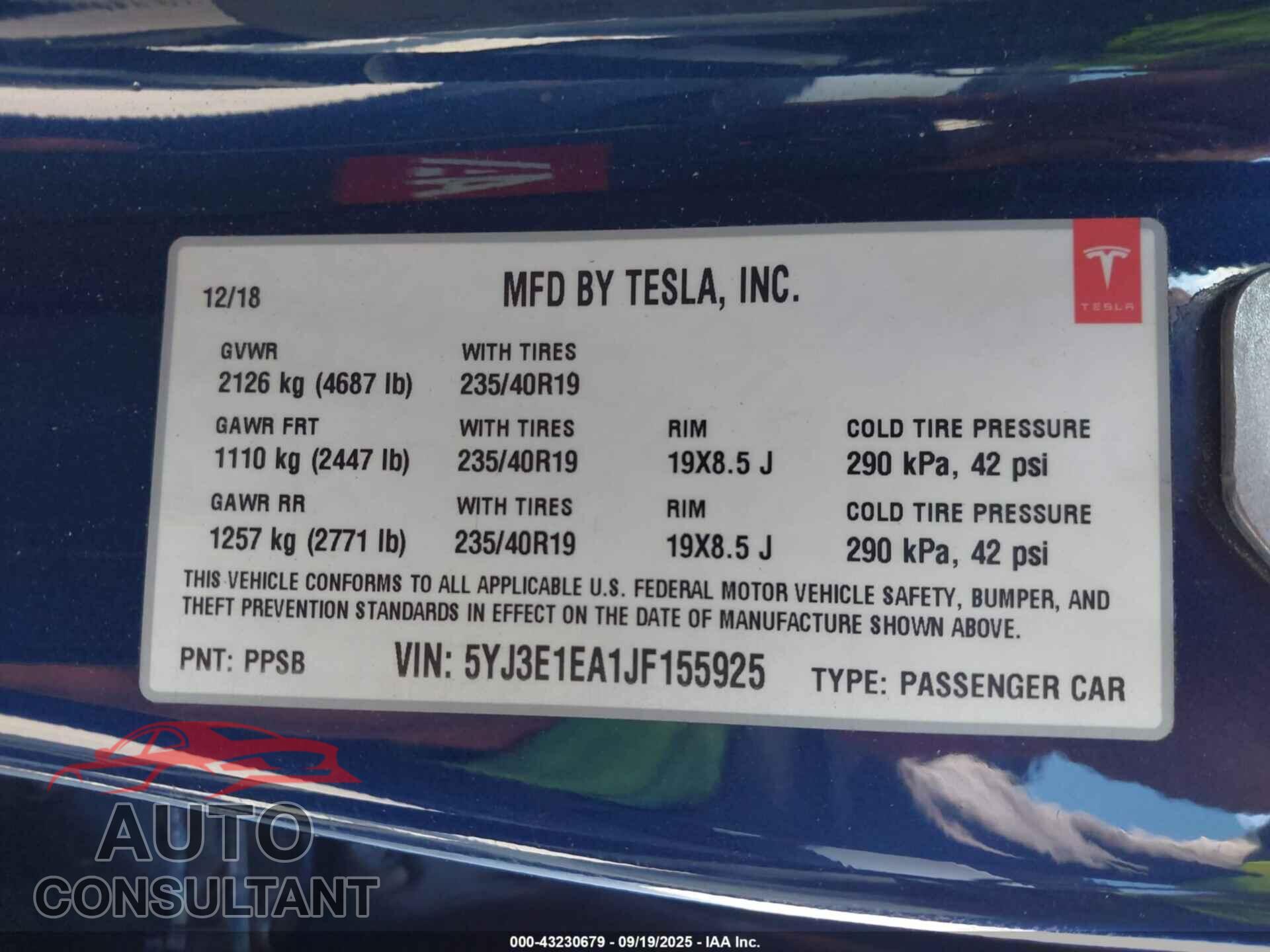 TESLA MODEL 3 2018 - 5YJ3E1EA1JF155925
