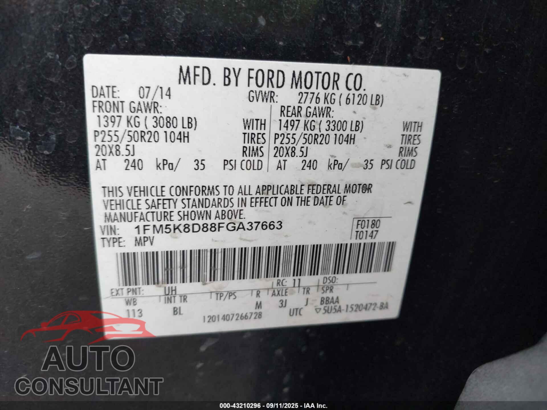 FORD EXPLORER 2015 - 1FM5K8D88FGA37663