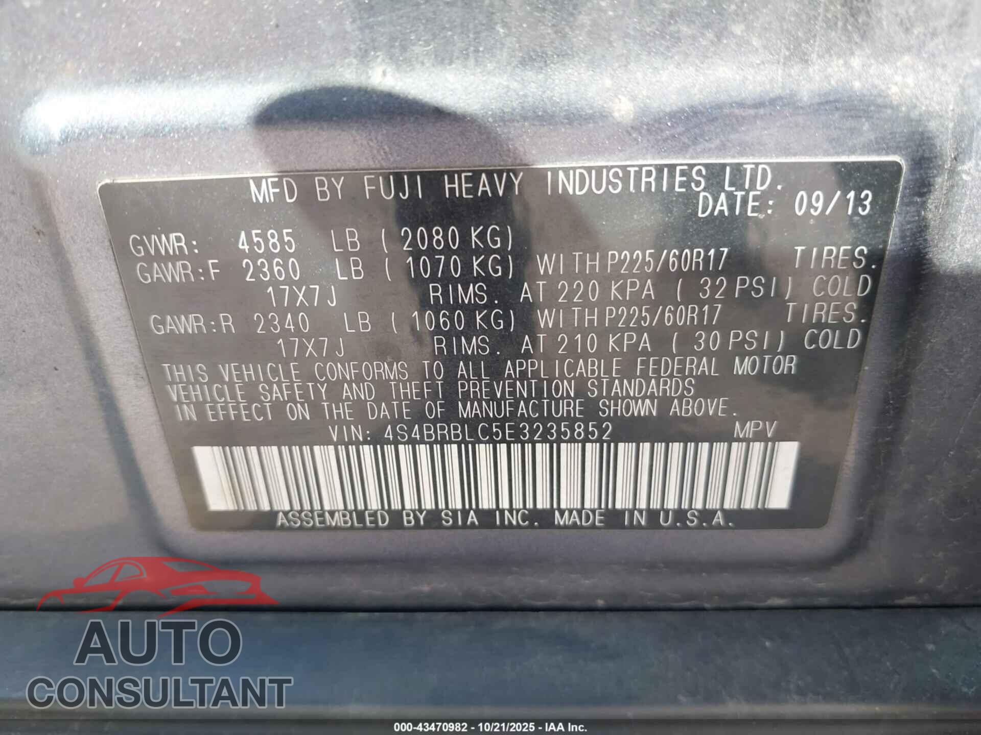 SUBARU OUTBACK 2014 - 4S4BRBLC5E3235852