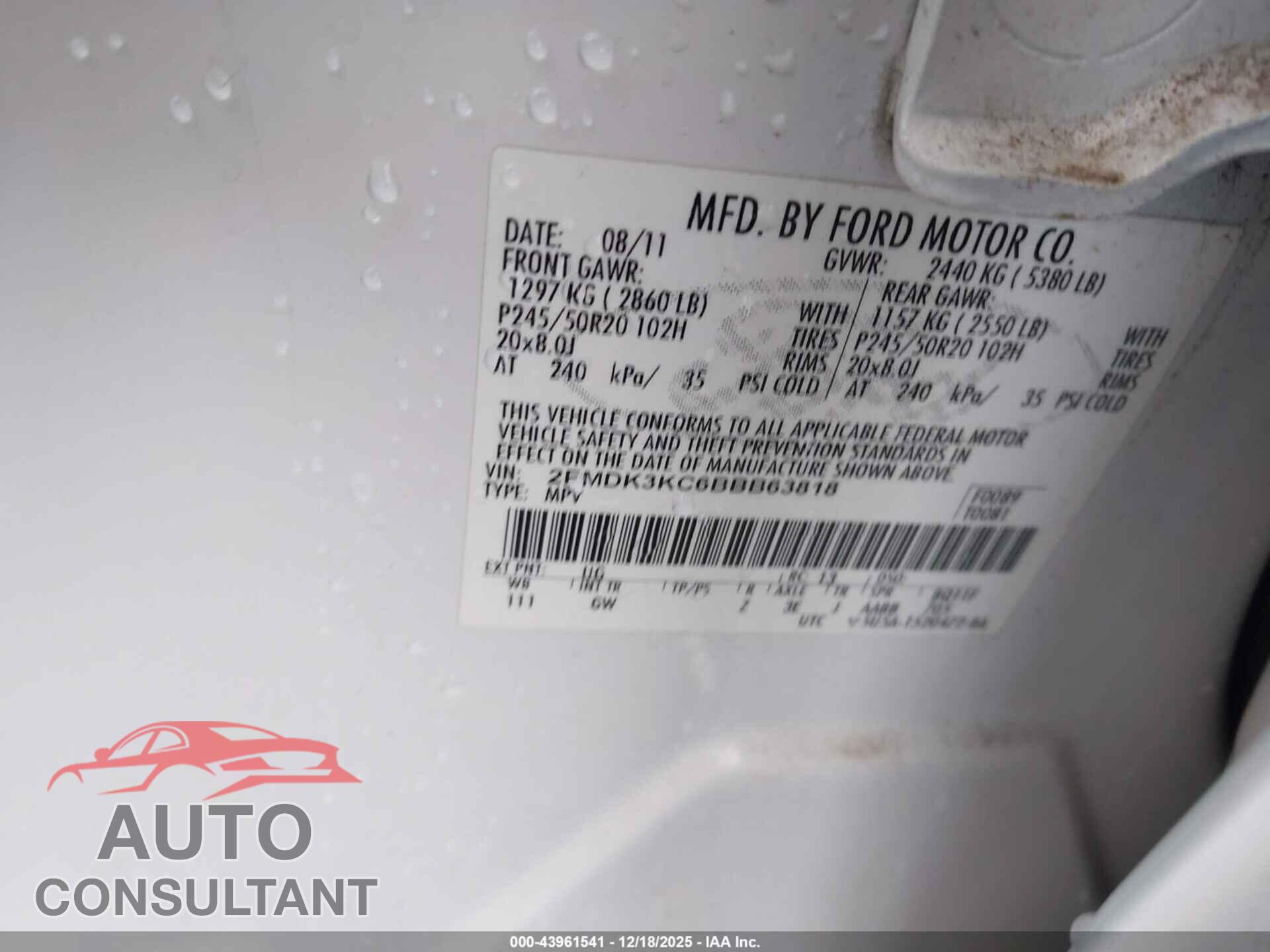 FORD EDGE 2011 - 2FMDK3KC6BBB63818
