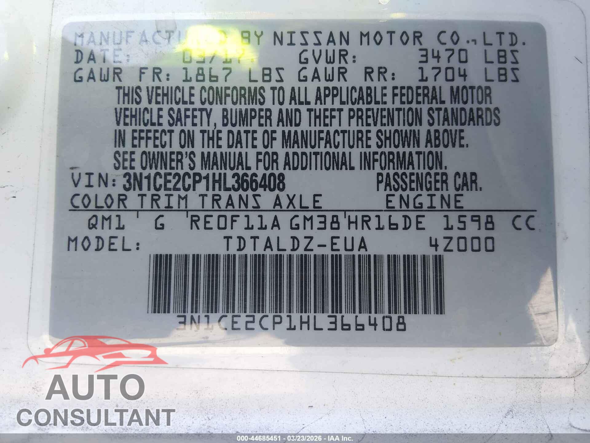 NISSAN VERSA NOTE 2017 - 3N1CE2CP1HL366408