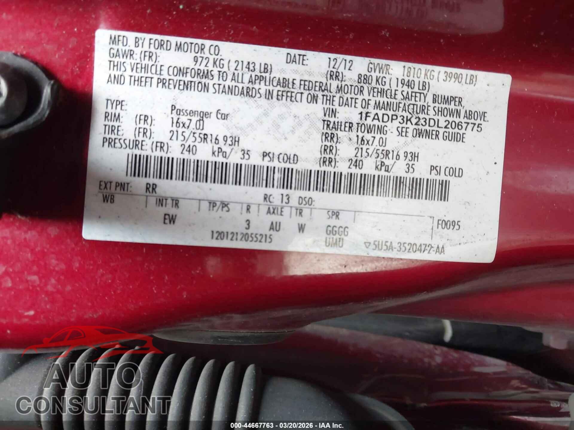 FORD FOCUS 2013 - 1FADP3K23DL206775