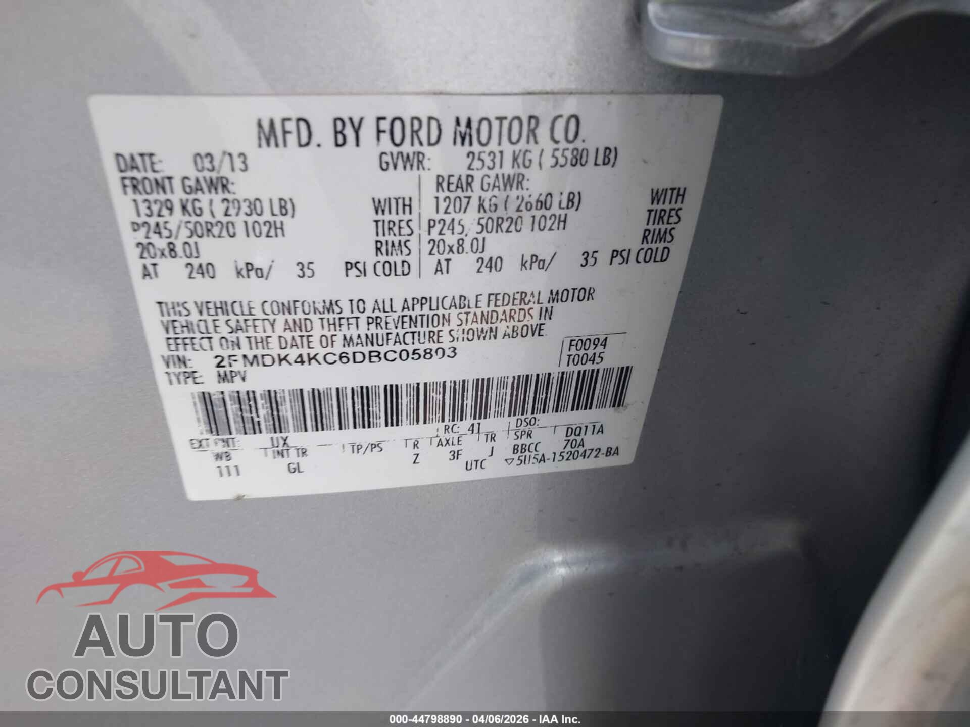 FORD EDGE 2013 - 2FMDK4KC6DBC05803