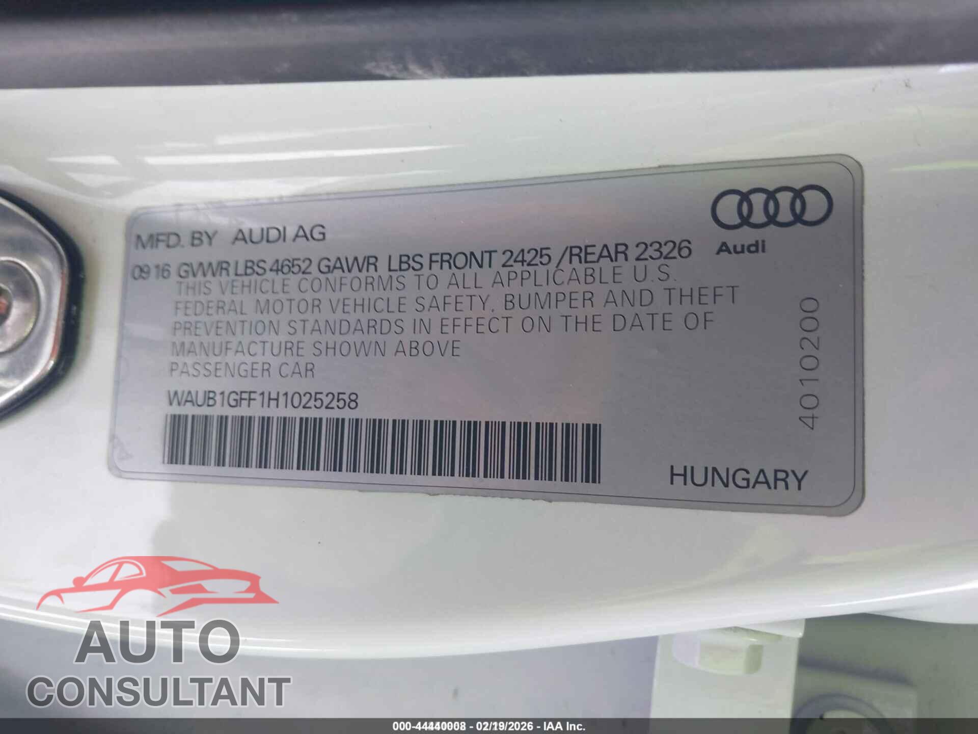 AUDI S3 2017 - WAUB1GFF1H1025258