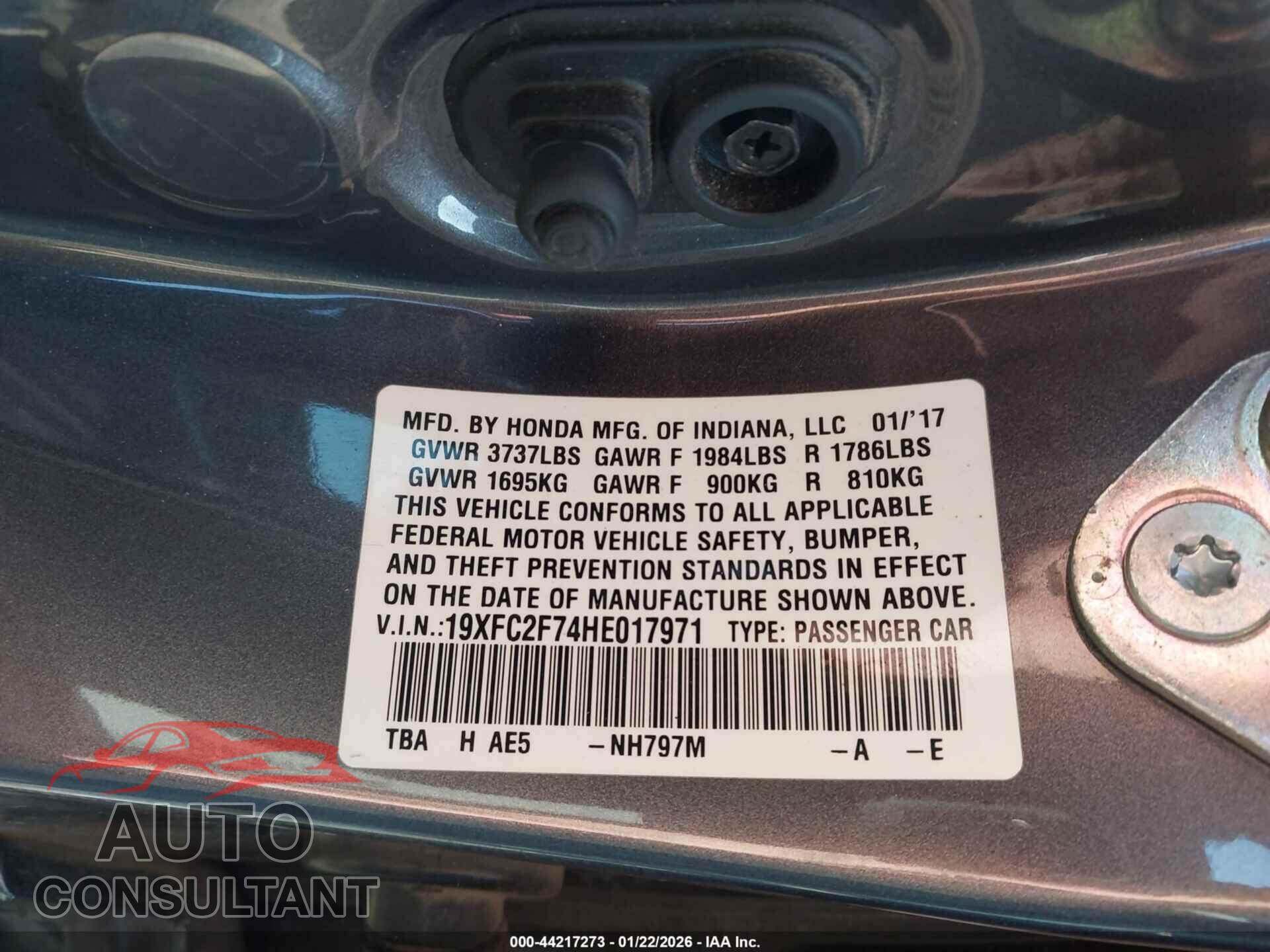 HONDA CIVIC 2017 - 19XFC2F74HE017971
