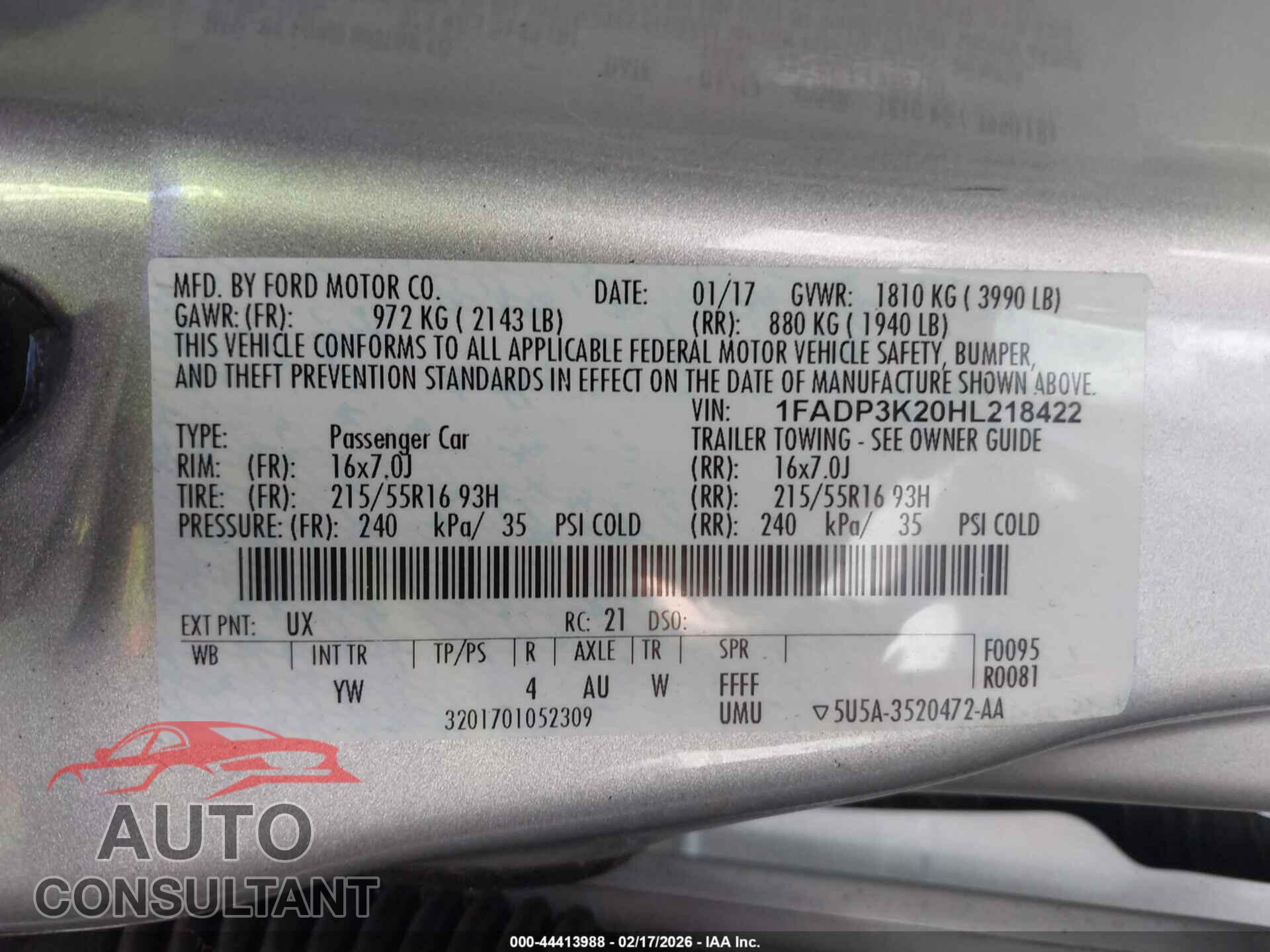 FORD FOCUS 2017 - 1FADP3K20HL218422