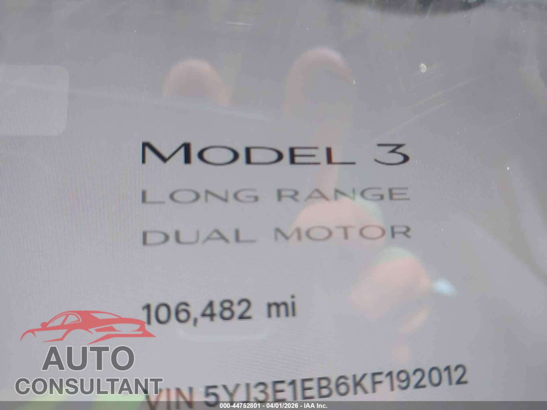 TESLA MODEL 3 2019 - 5YJ3E1EB6KF192012