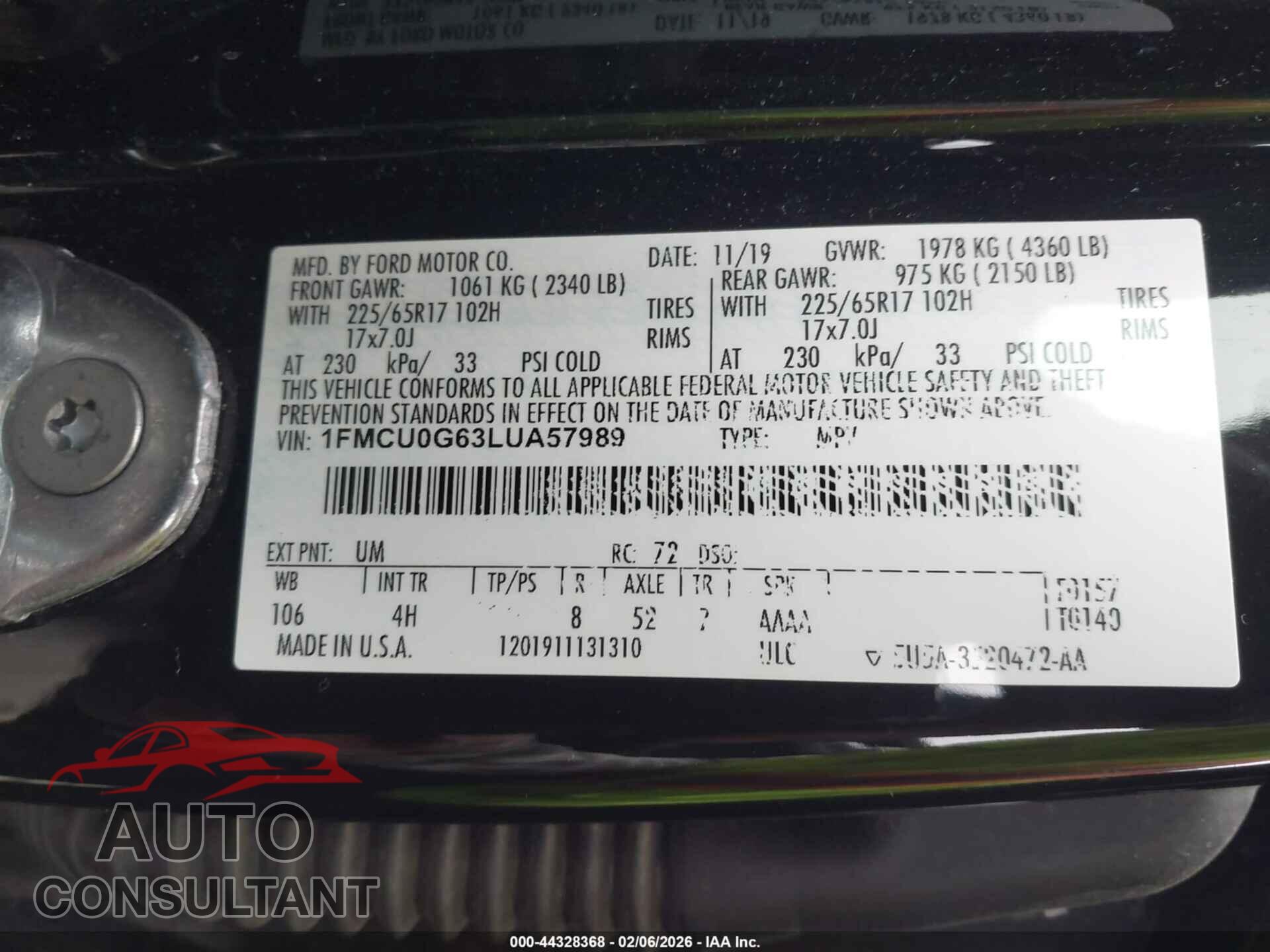 FORD ESCAPE 2020 - 1FMCU0G63LUA57989