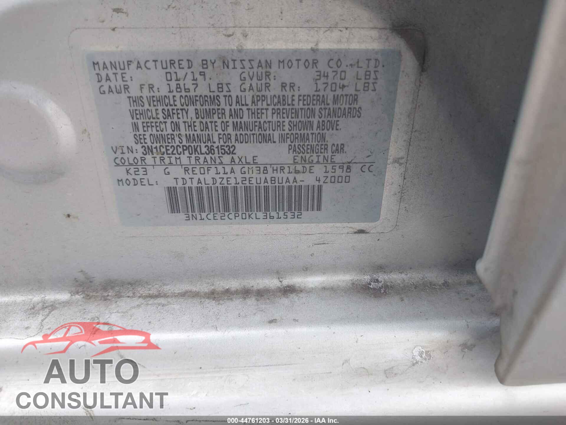 NISSAN VERSA NOTE 2019 - 3N1CE2CP0KL361532