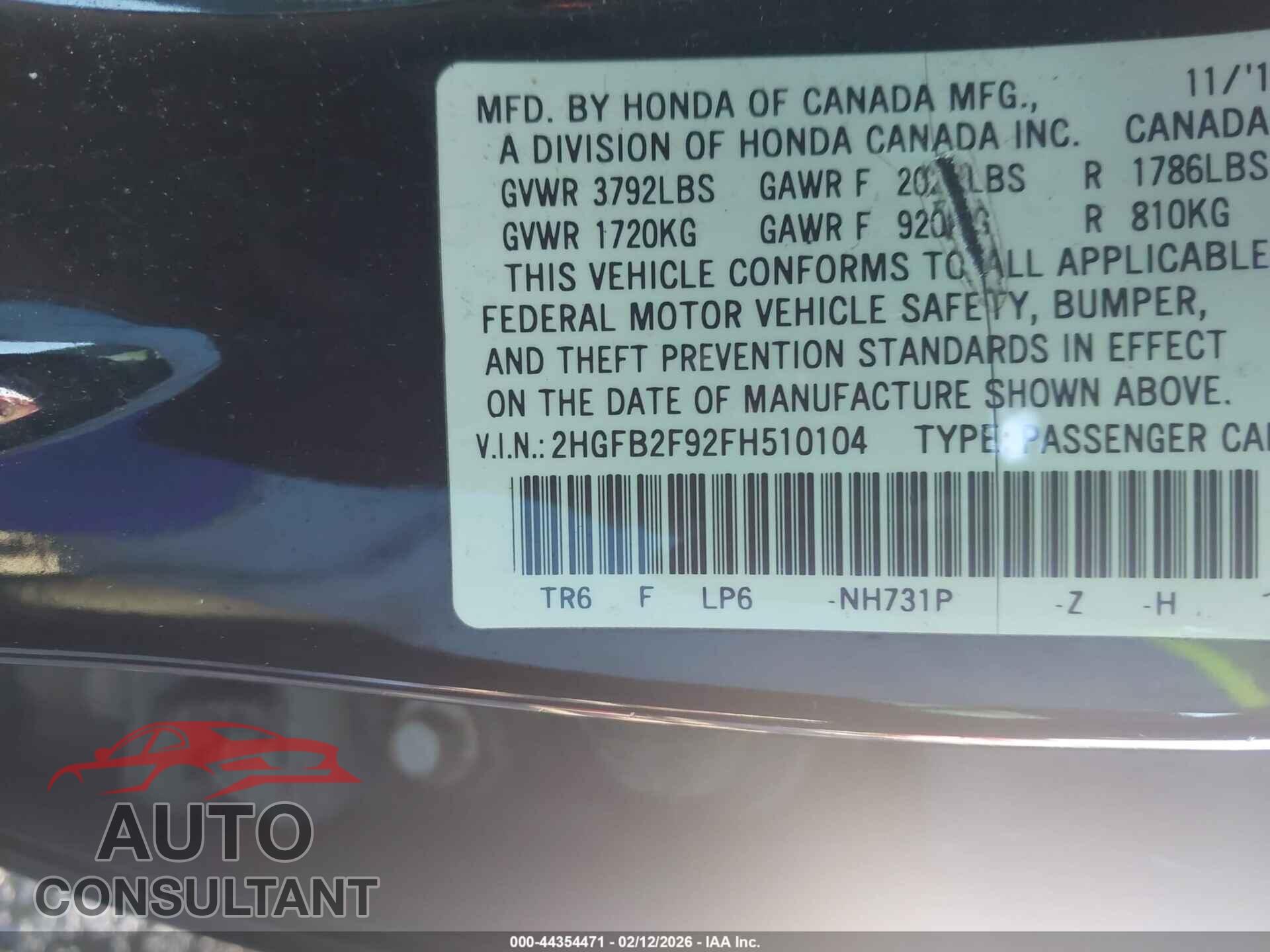 HONDA CIVIC 2015 - 2HGFB2F92FH510104