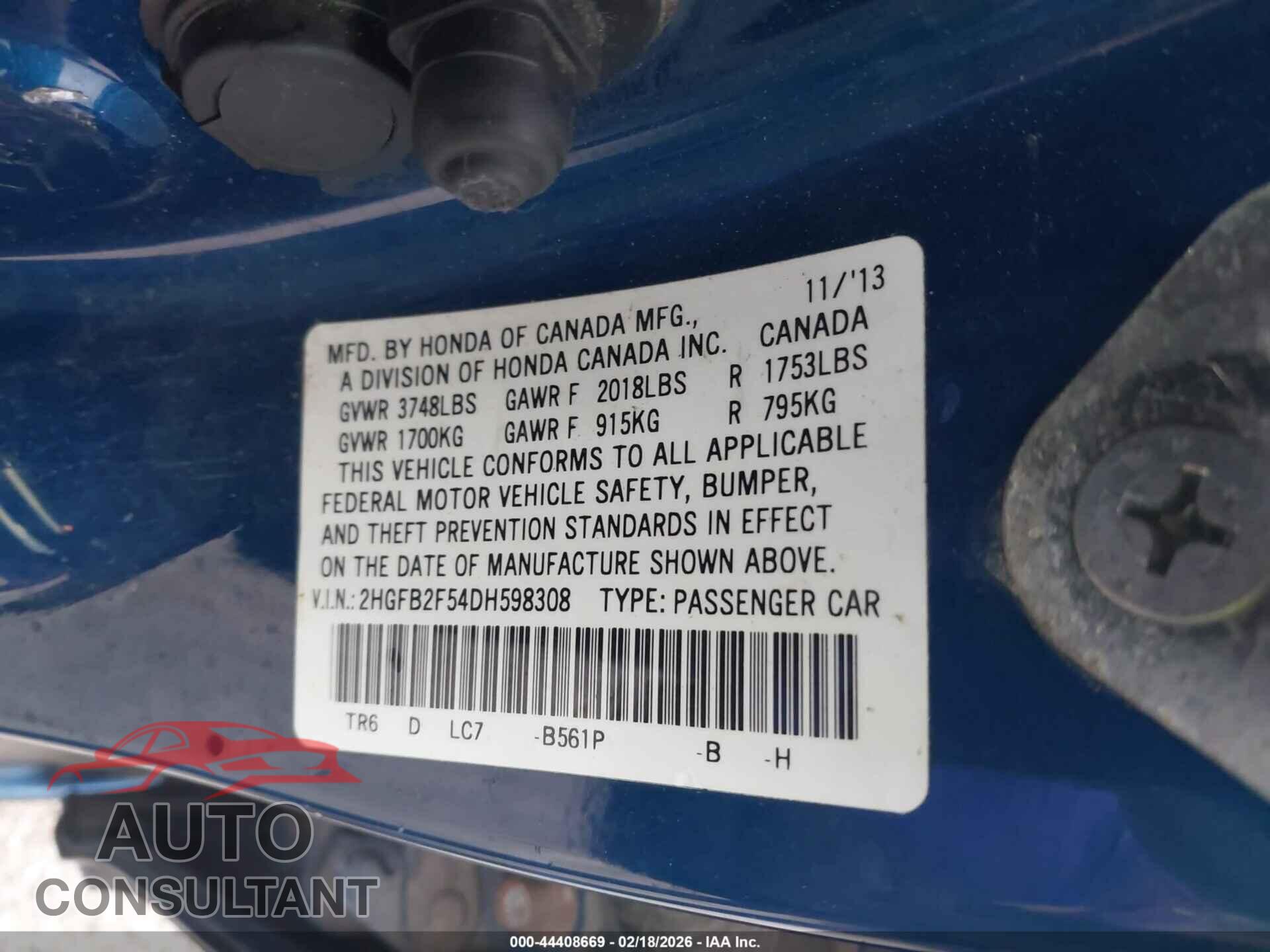 HONDA CIVIC 2013 - 2HGFB2F54DH598308