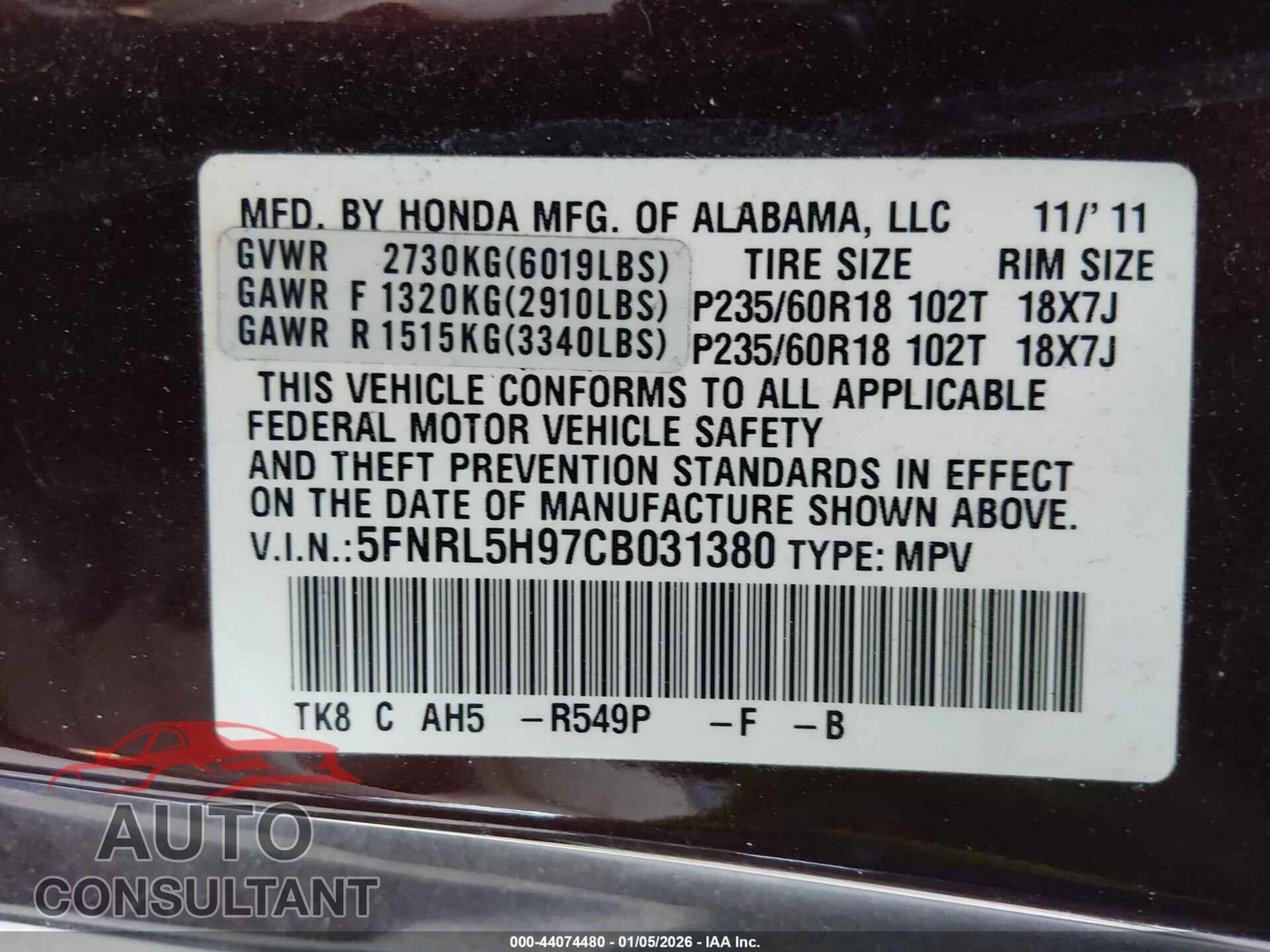 HONDA ODYSSEY 2012 - 5FNRL5H97CB031380