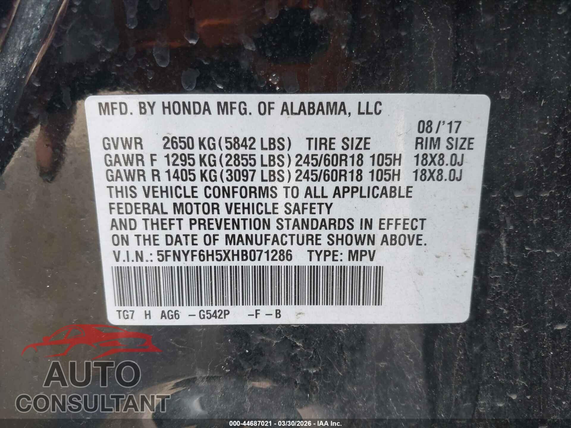 HONDA PILOT 2017 - 5FNYF6H5XHB071286