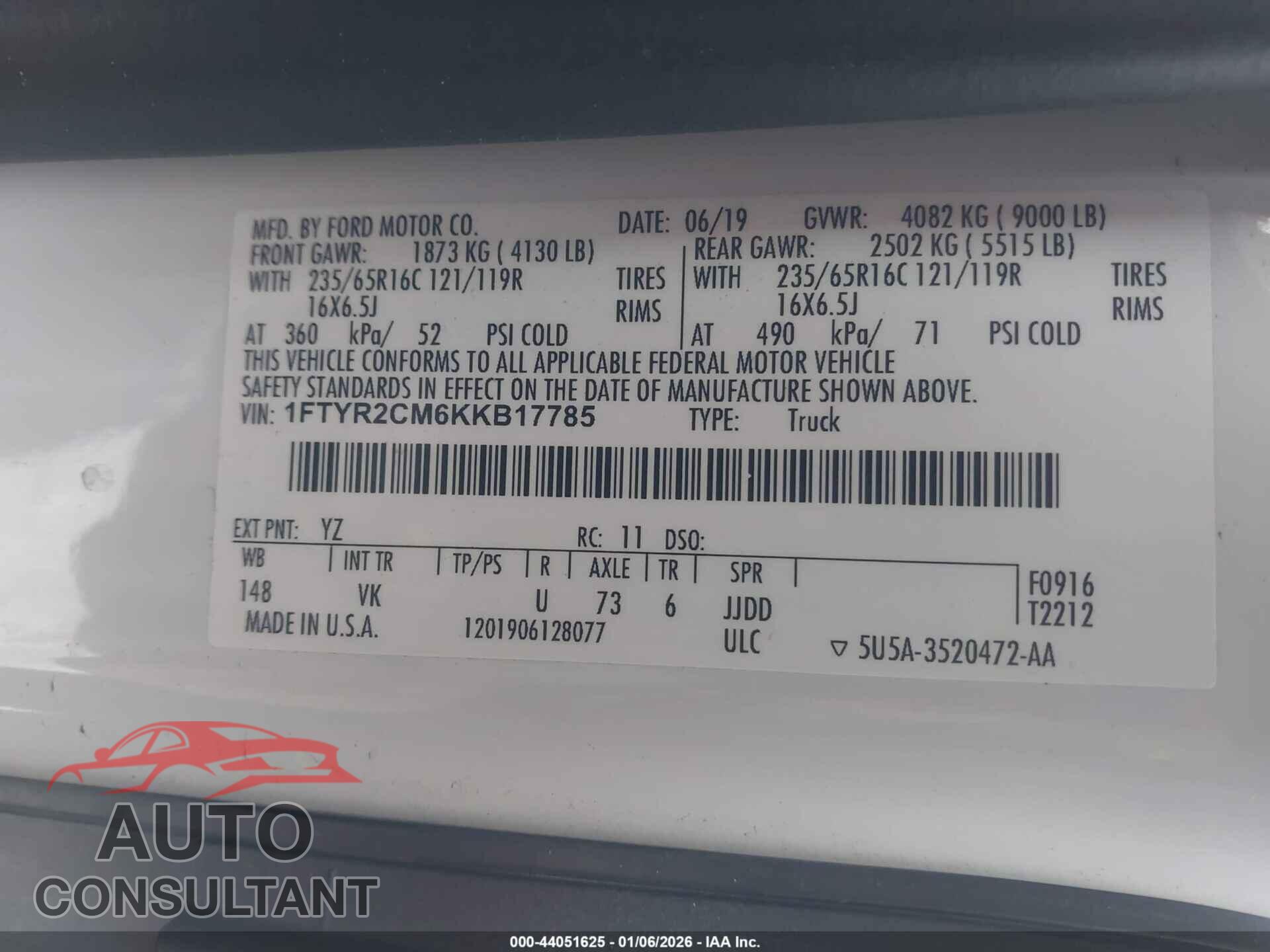 FORD TRANSIT-250 2019 - 1FTYR2CM6KKB17785