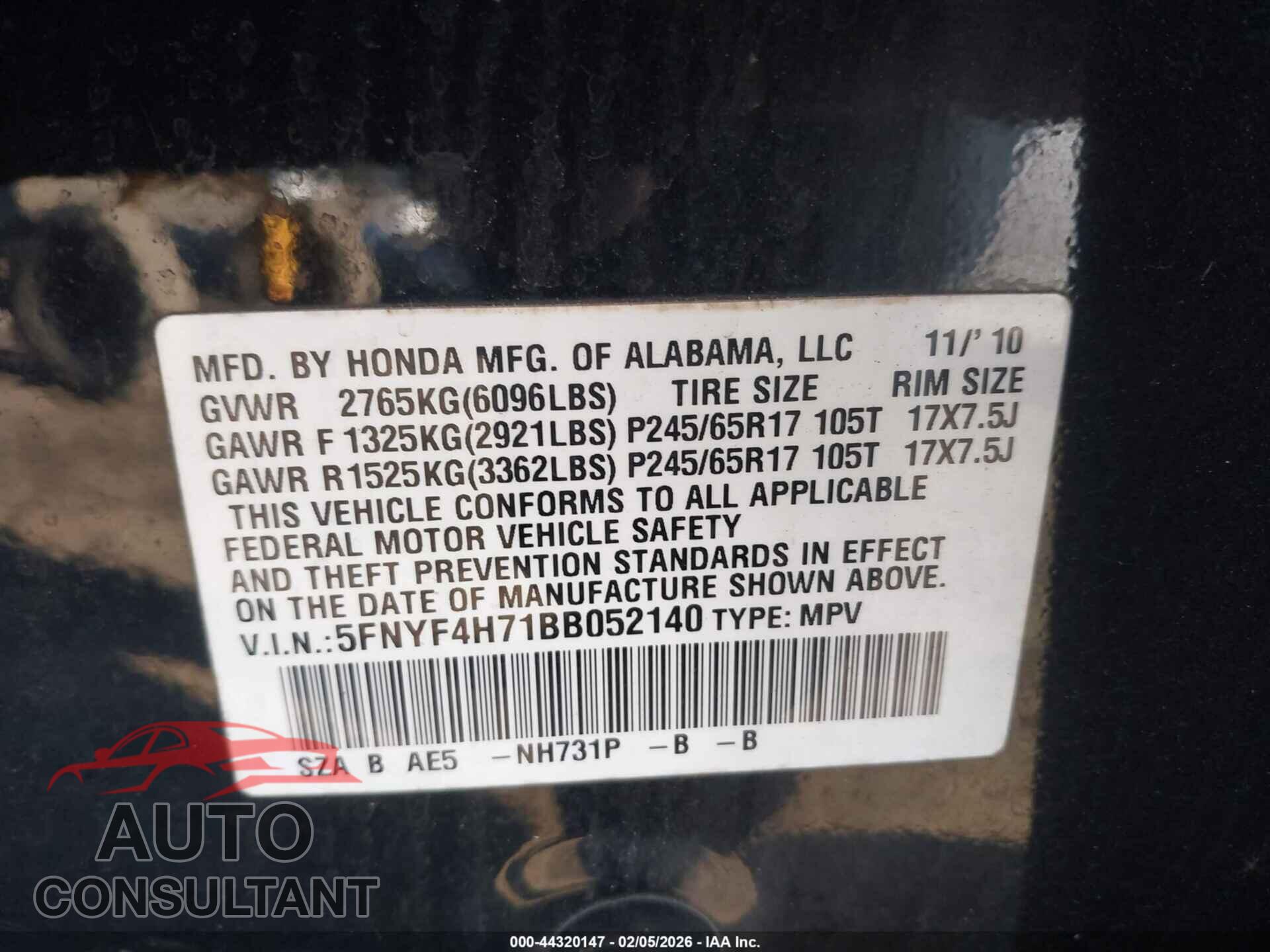 HONDA PILOT 2011 - 5FNYF4H71BB052140