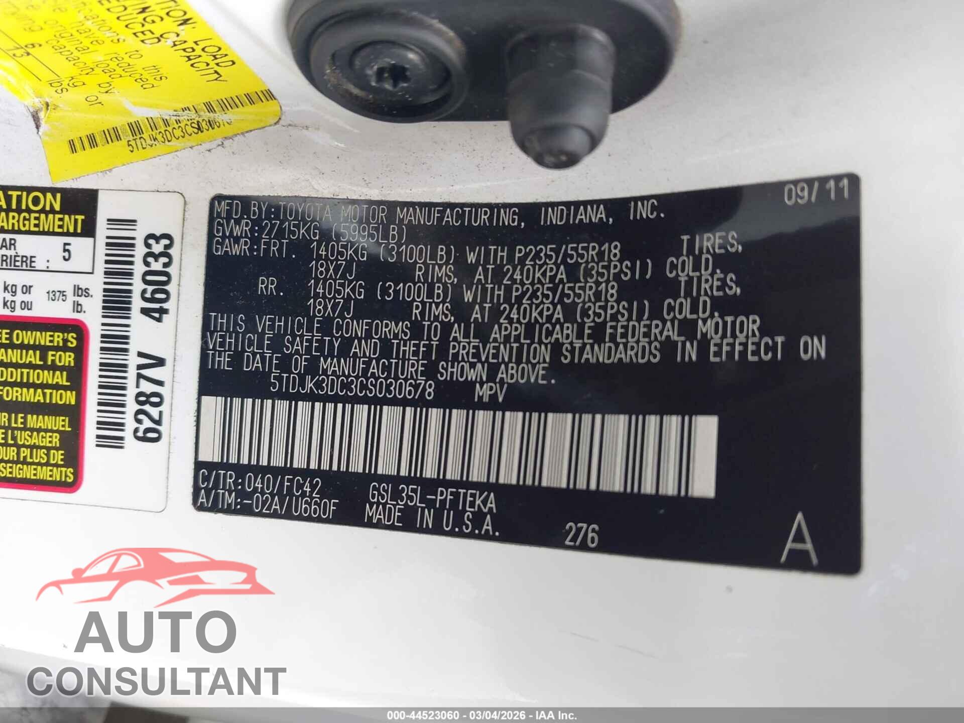 TOYOTA SIENNA 2012 - 5TDJK3DC3CS030678