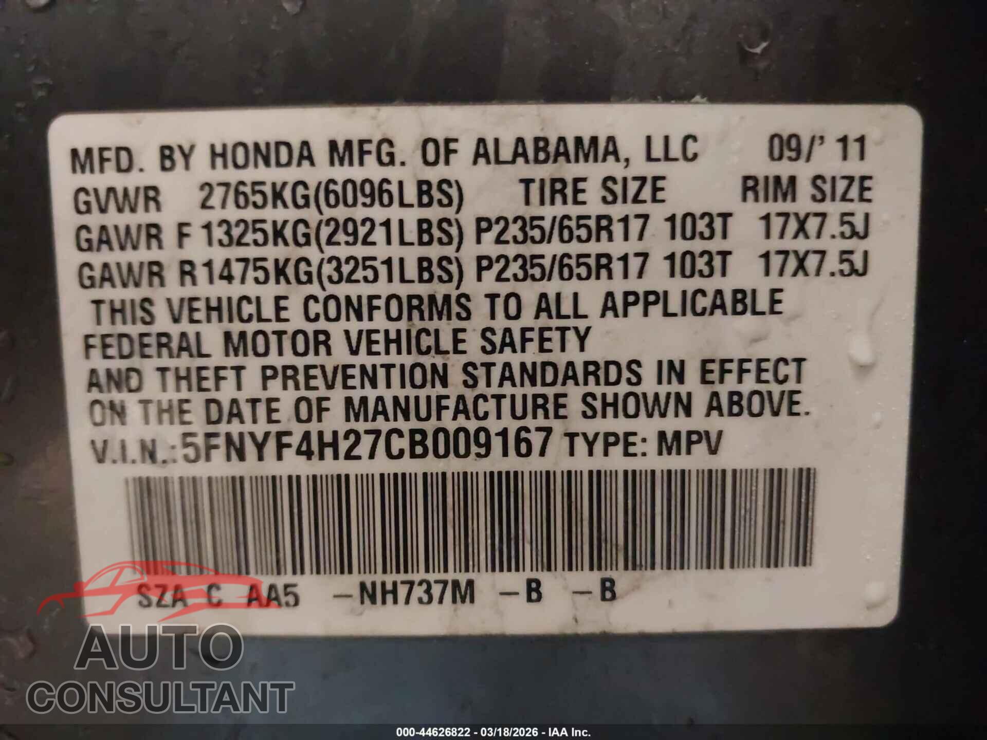 HONDA PILOT 2012 - 5FNYF4H27CB009167
