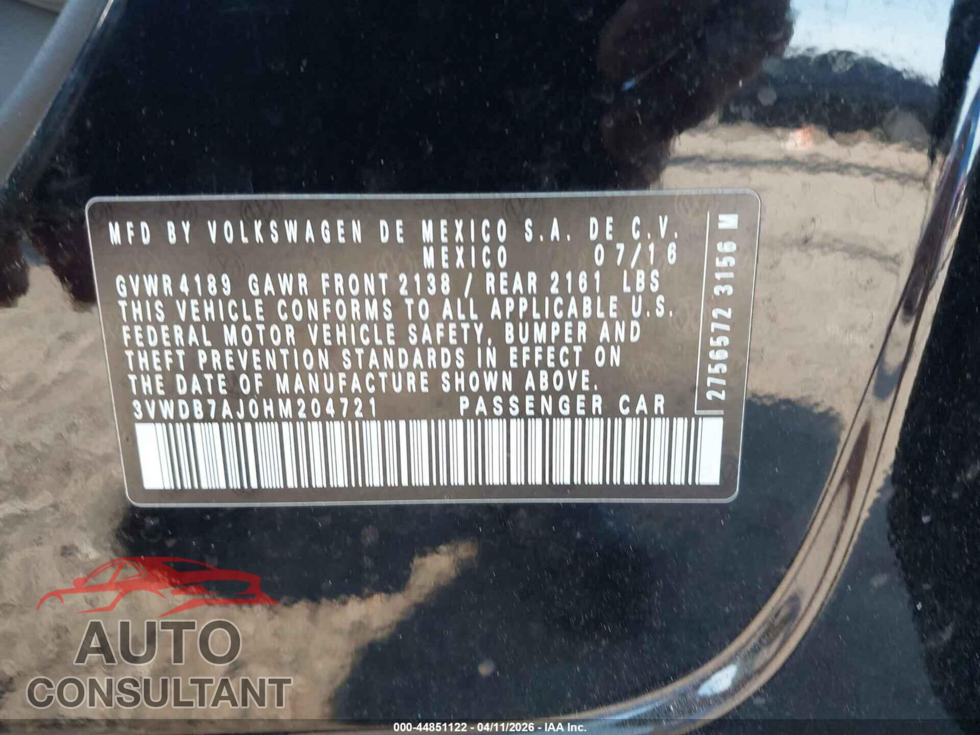 VOLKSWAGEN JETTA 2017 - 3VWDB7AJ0HM204721