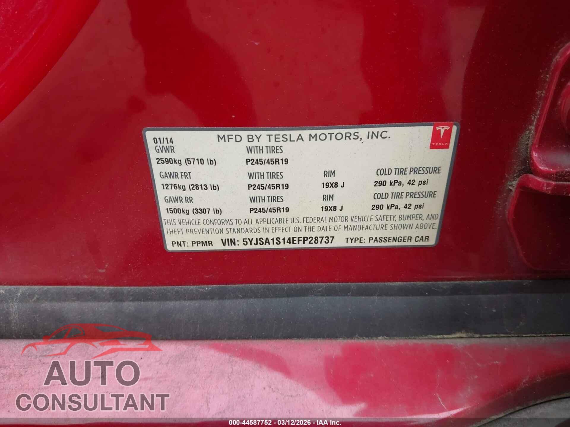 TESLA MODEL S 2014 - 5YJSA1S14EFP28737