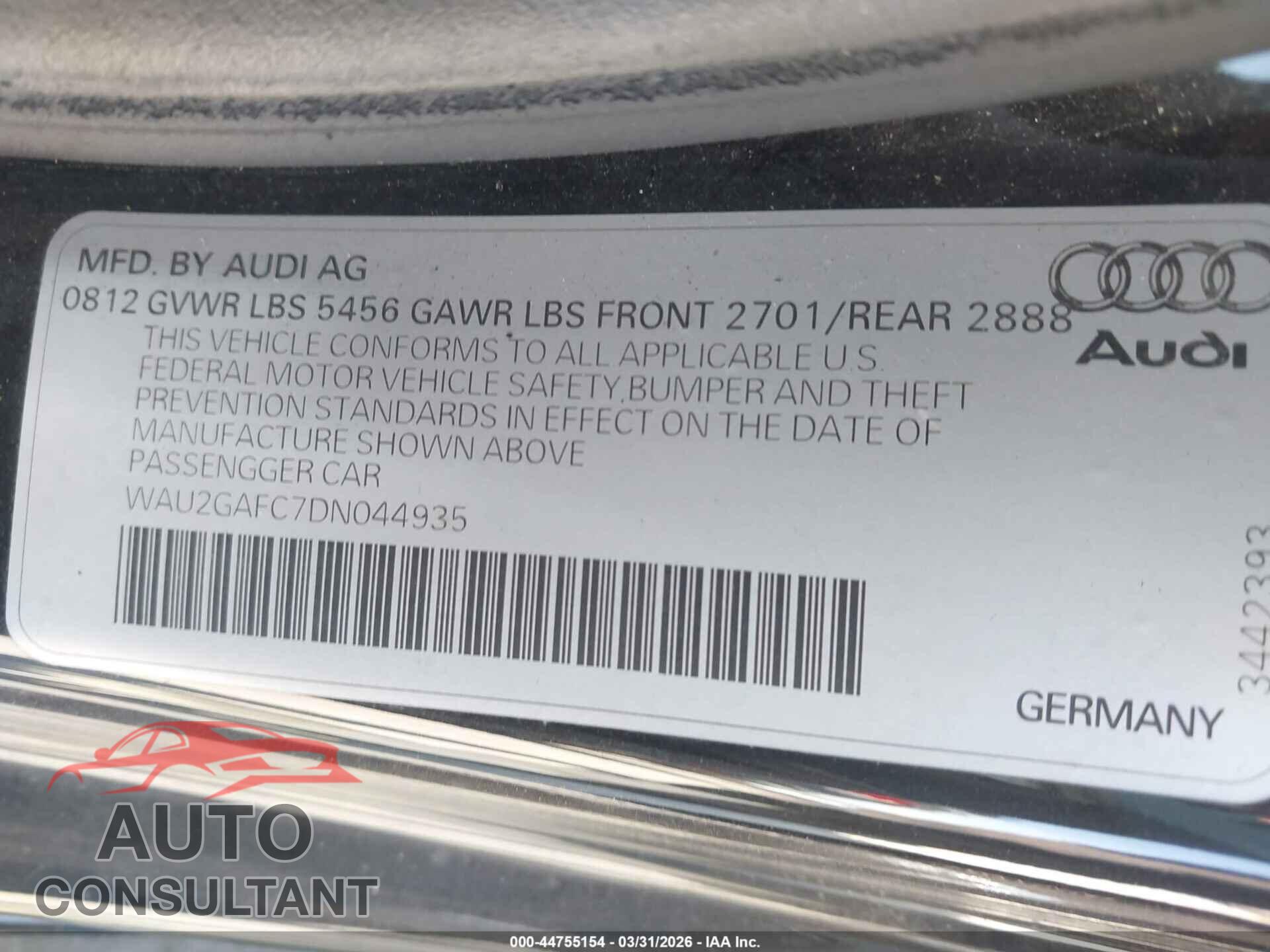 AUDI A7 2013 - WAU2GAFC7DN044935