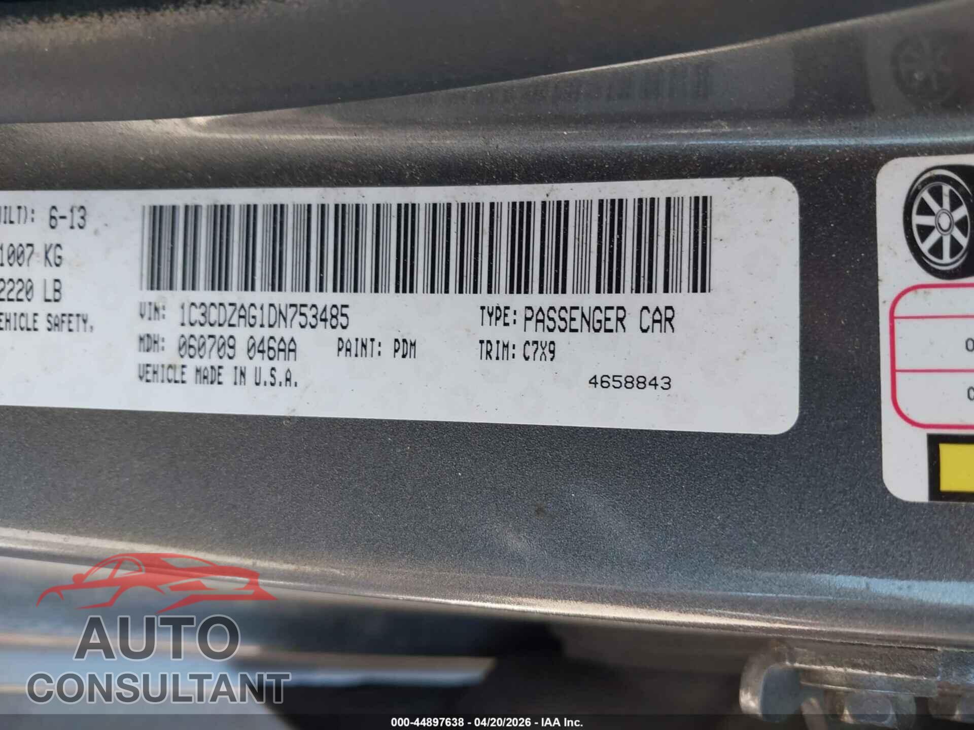 DODGE AVENGER 2013 - 1C3CDZAG1DN753485