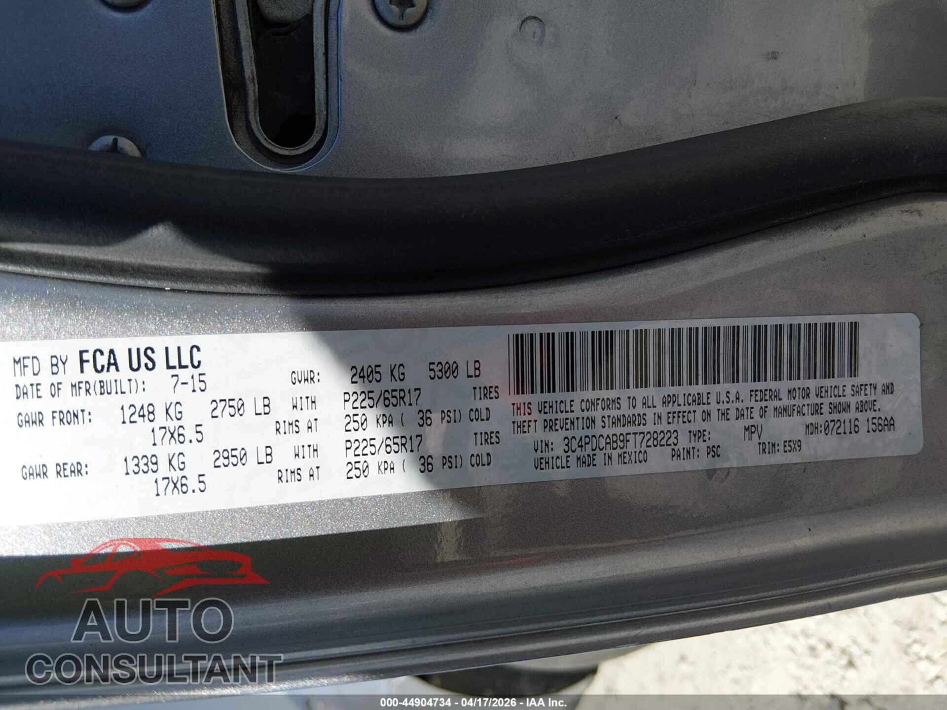 DODGE JOURNEY 2015 - 3C4PDCAB9FT728223