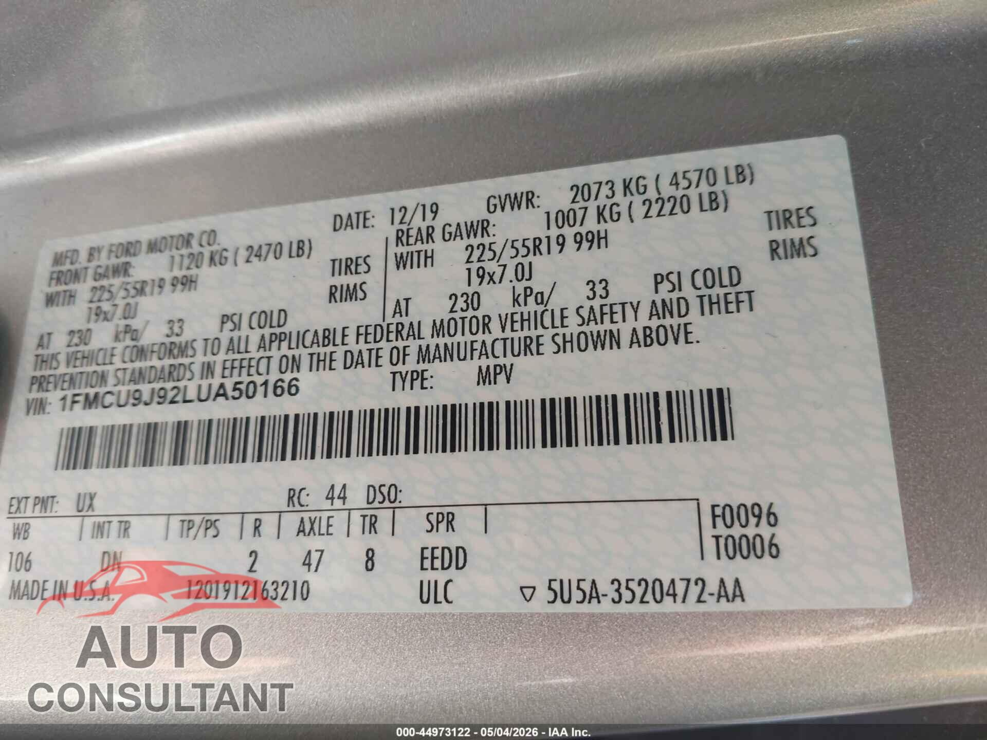 FORD ESCAPE 2020 - 1FMCU9J92LUA50166