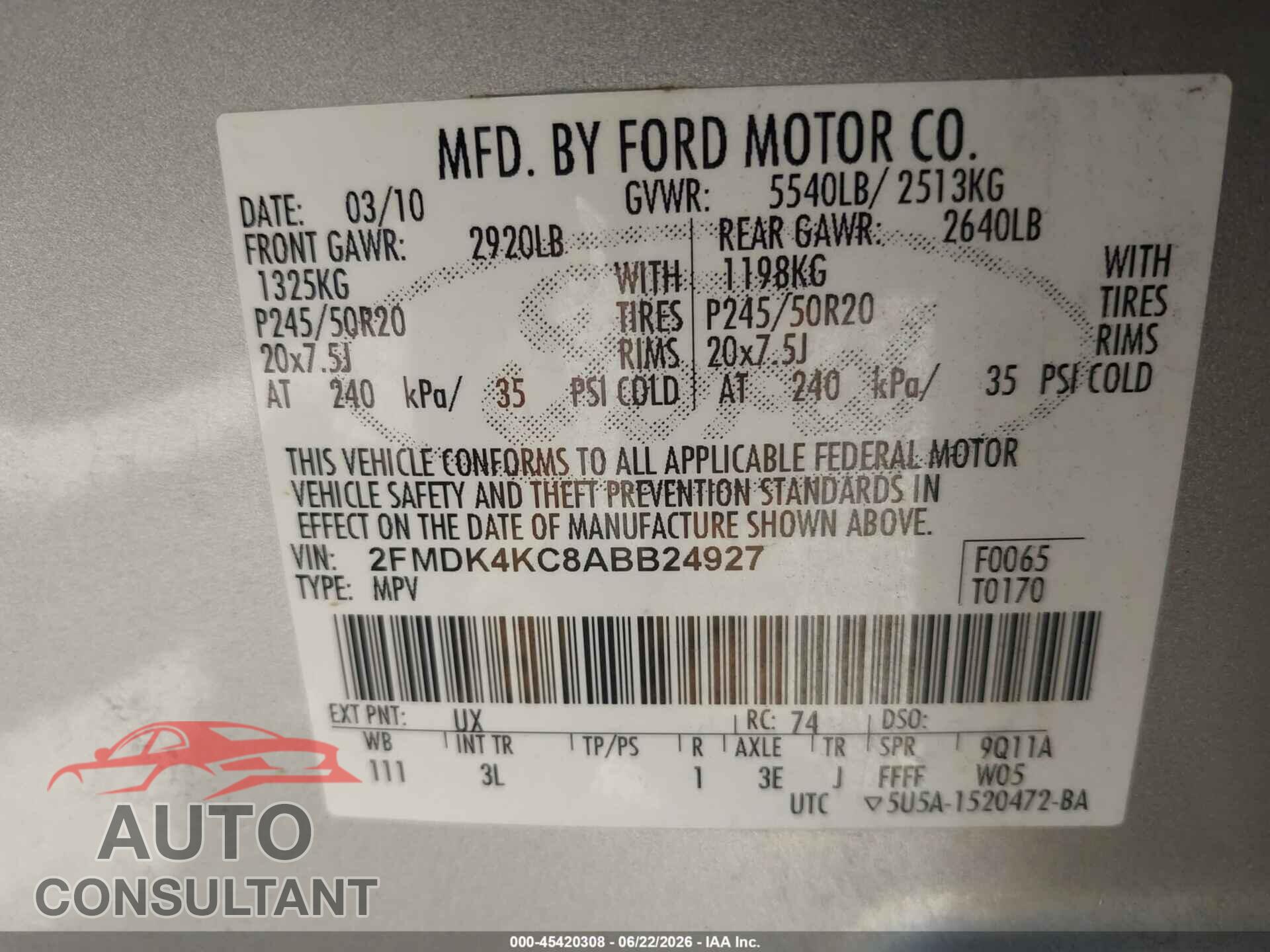FORD EDGE 2010 - 2FMDK4KC8ABB24927