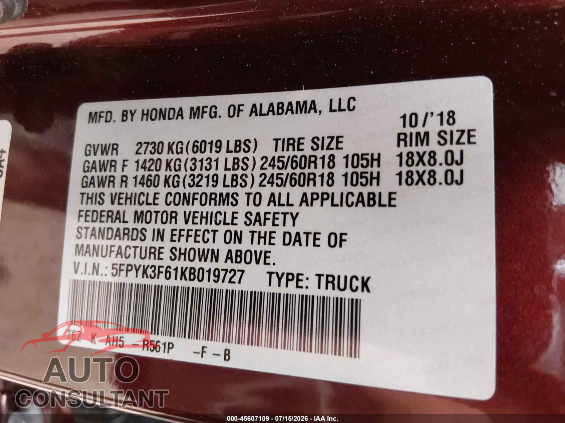 HONDA RIDGELINE 2019 - 5FPYK3F61KB019727