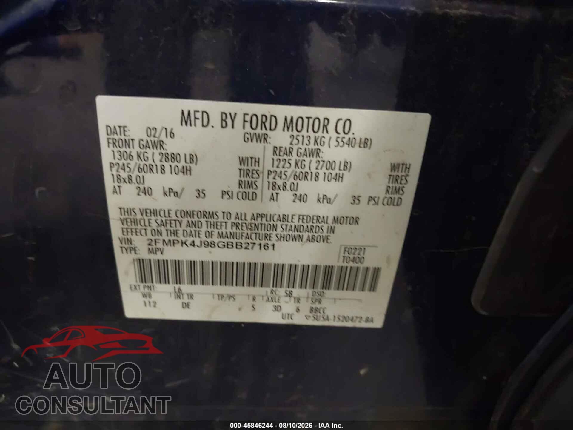 FORD EDGE 2016 - 2FMPK4J98GBB27161