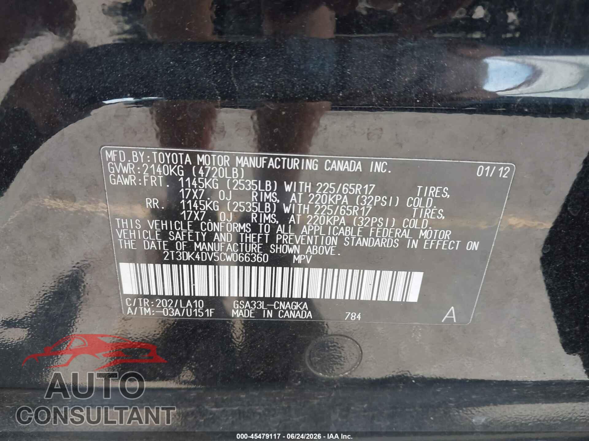 TOYOTA RAV4 2012 - 2T3DK4DV5CW066360