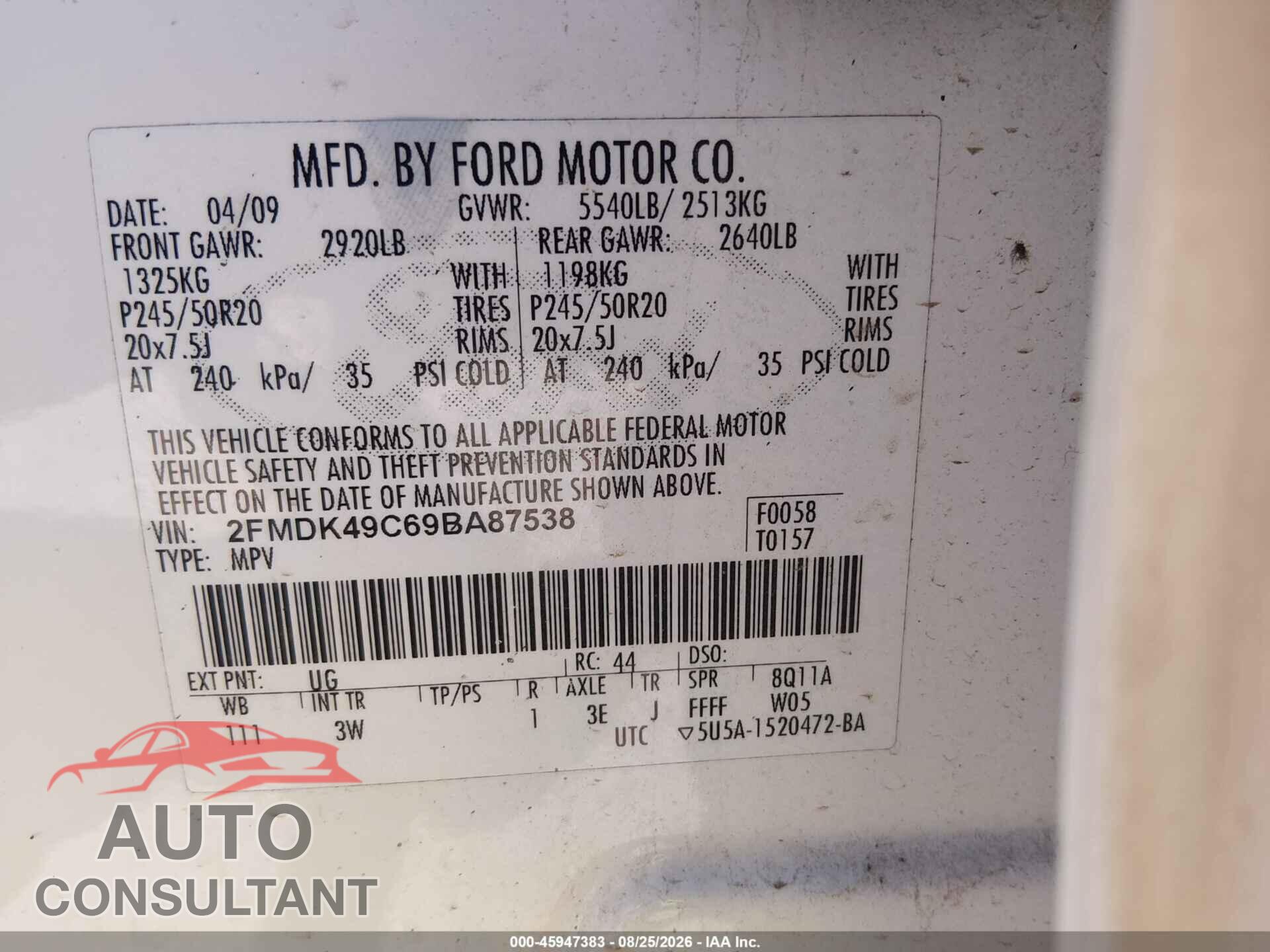 FORD EDGE 2009 - 2FMDK49C69BA87538