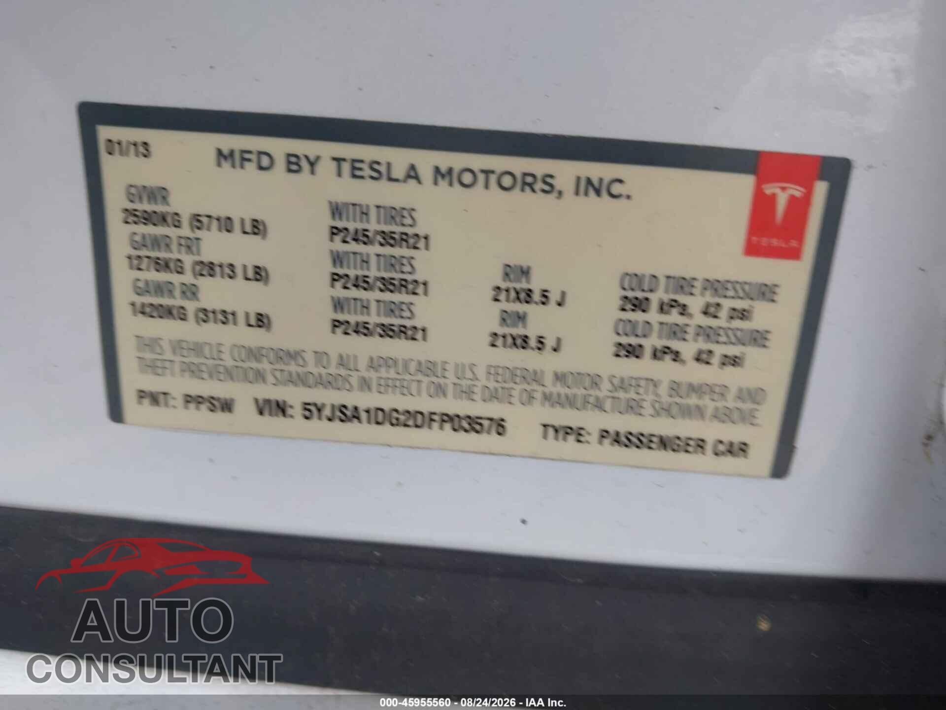 TESLA MODEL S 2013 - 5YJSA1DG2DFP03576