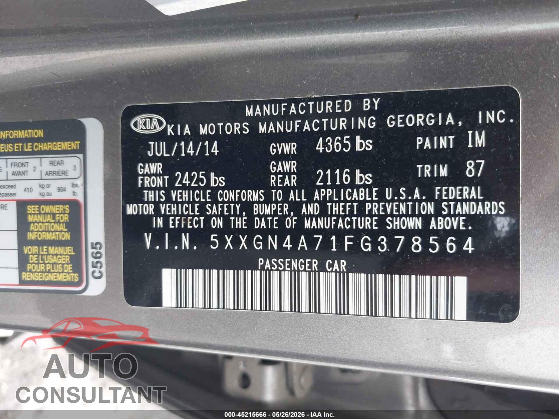 KIA OPTIMA 2015 - 5XXGN4A71FG378564