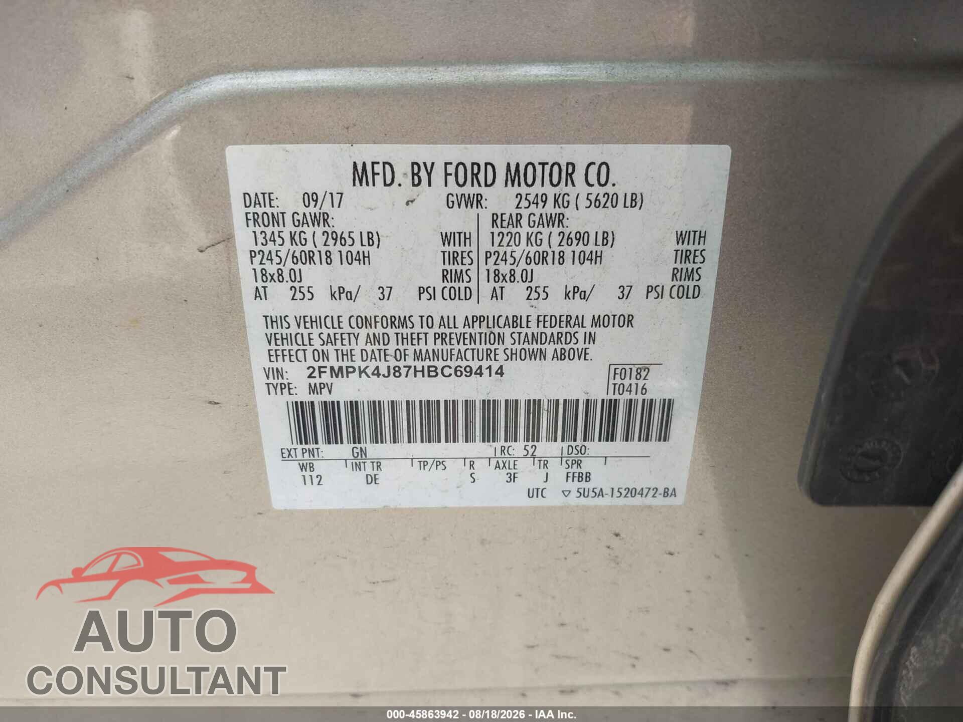 FORD EDGE 2017 - 2FMPK4J87HBC69414